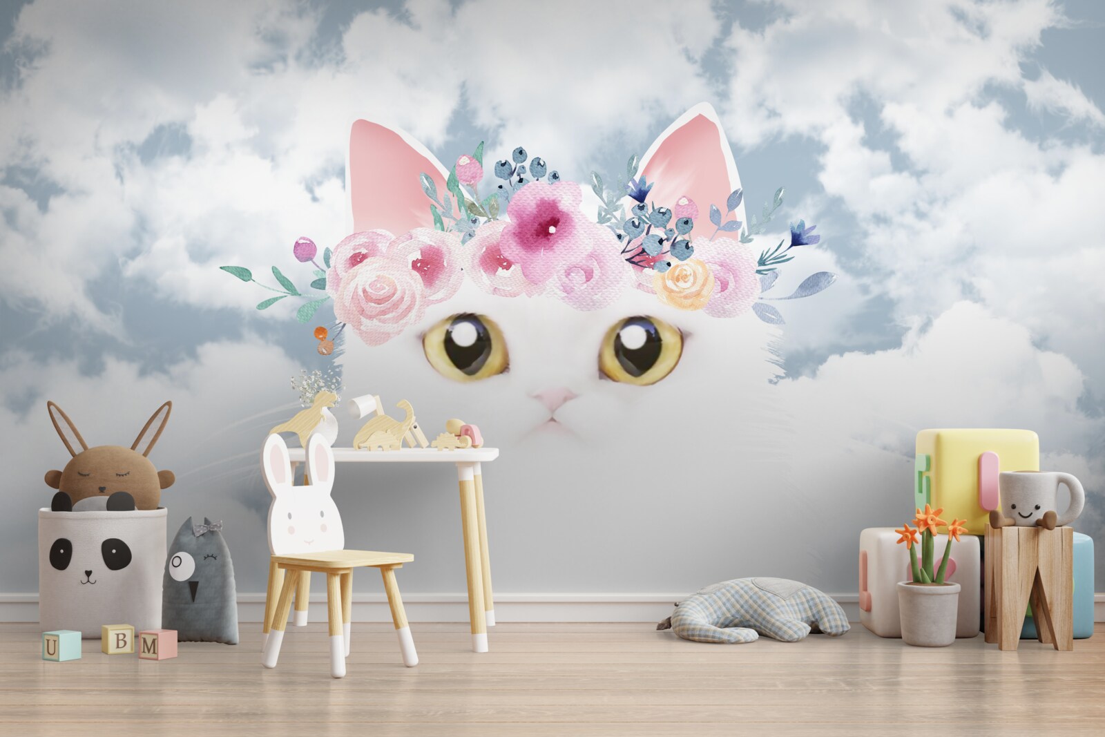 Papier peint chat parmi les fleurs sur un ciel avec des nuages