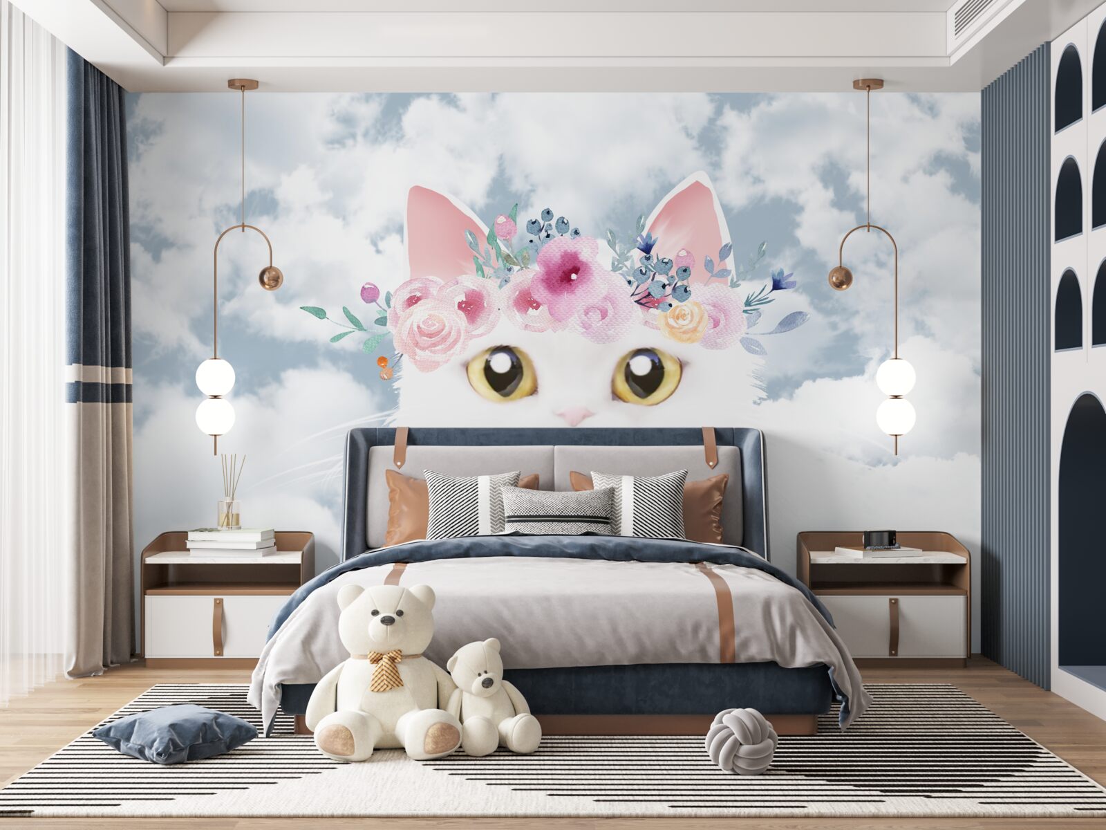 Papier peint chat parmi les fleurs sur un ciel avec des nuages