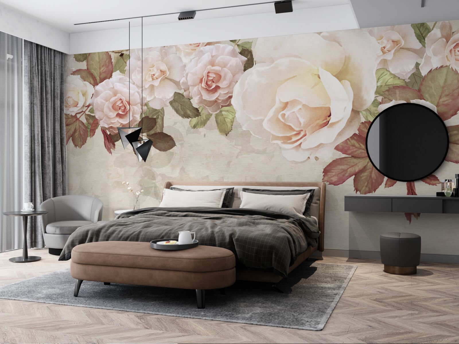 Papier peint délicats bourgeons roses réalisés à l'aquarelle