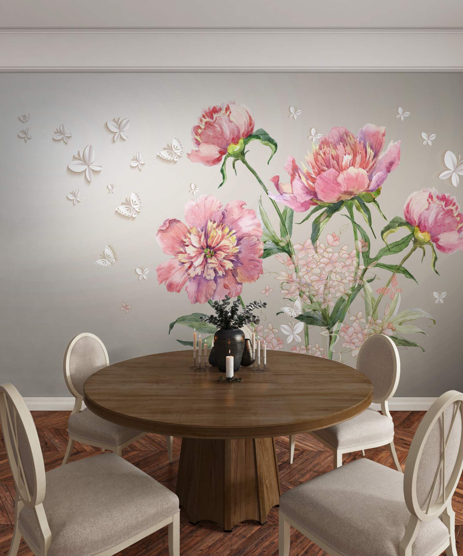 Papier peint fleurs printanières délicates dans des tons roses délicats