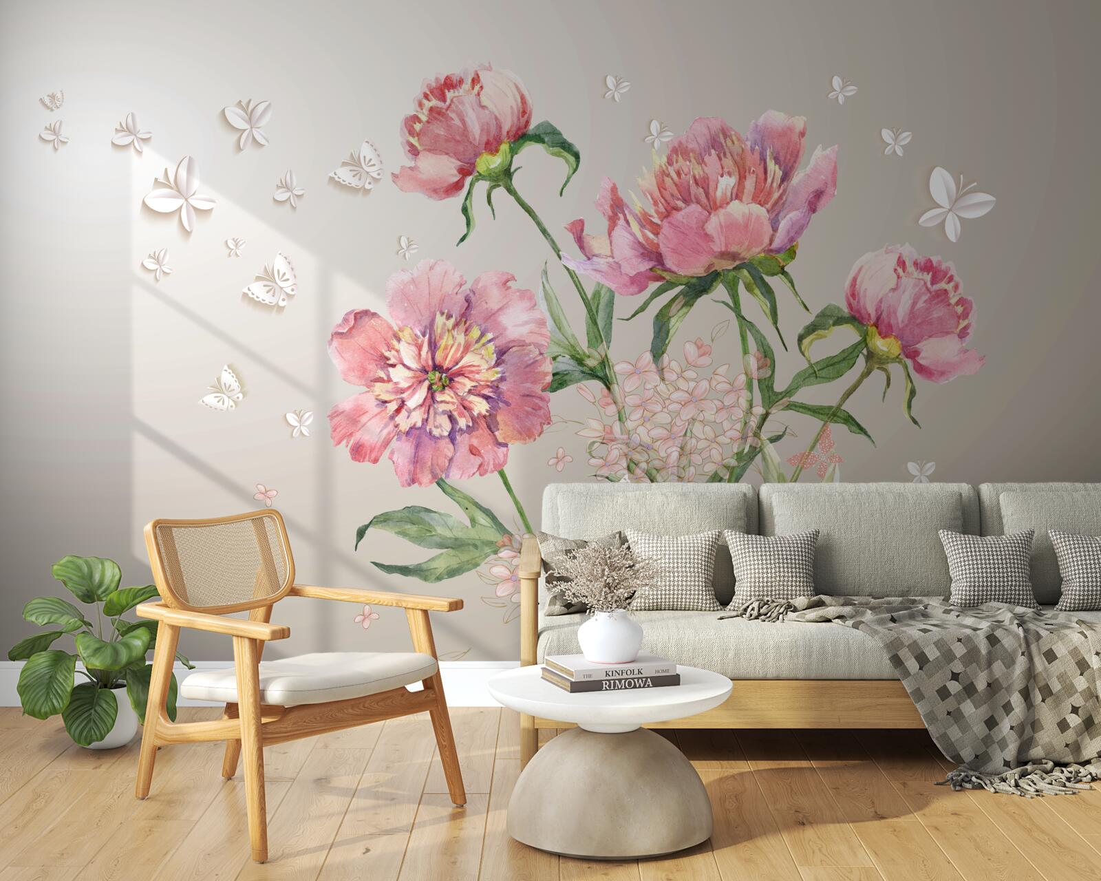 Papier peint fleurs printanières délicates dans des tons roses délicats