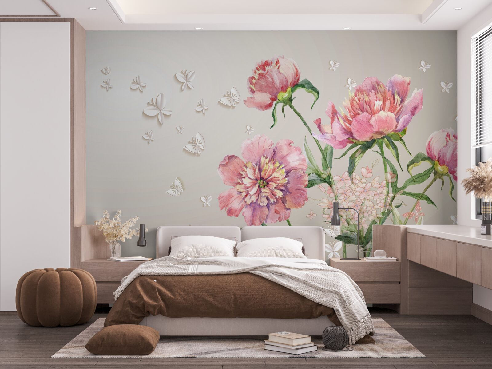 Papier peint fleurs printanières délicates dans des tons roses délicats