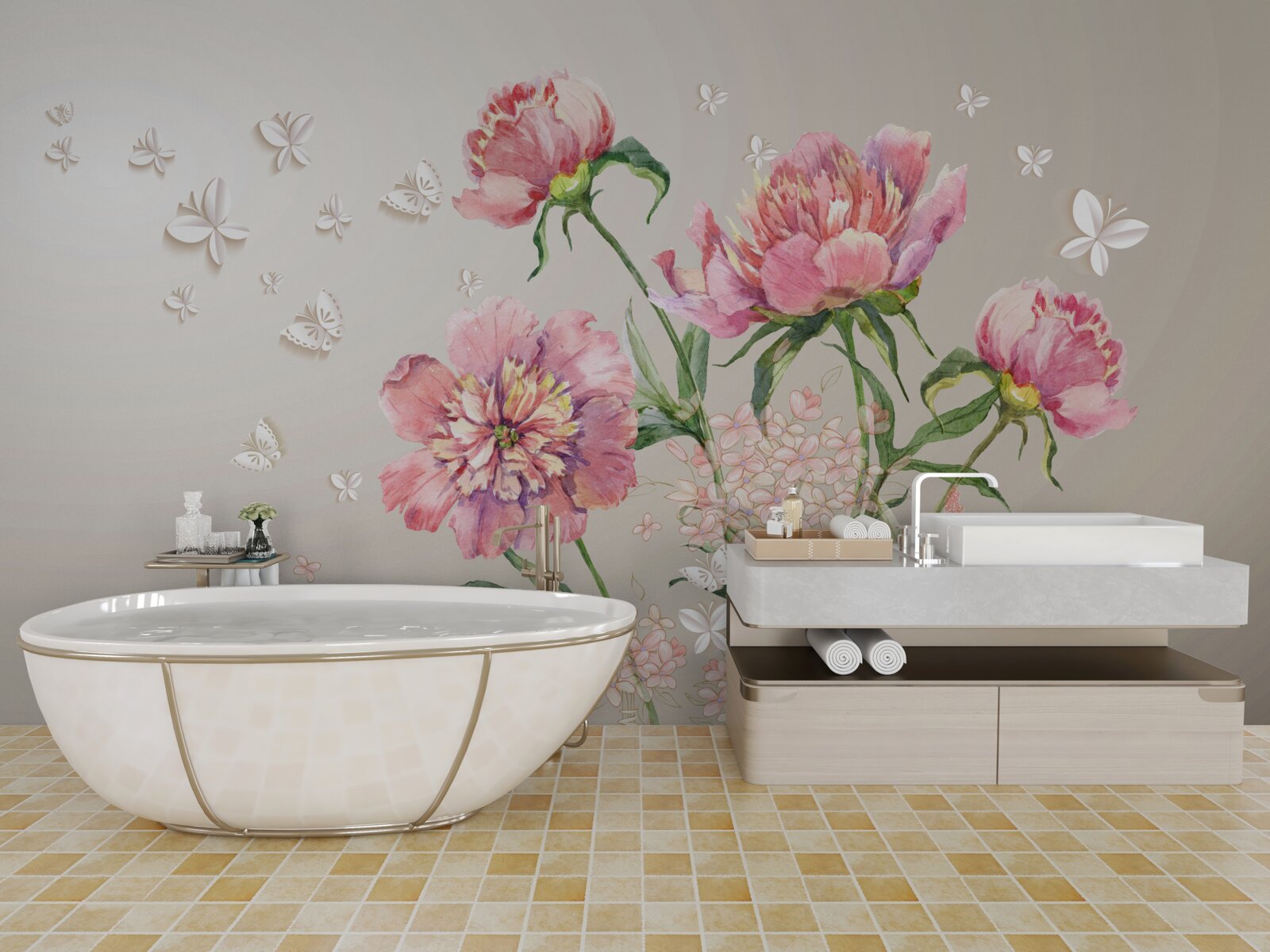 Papier peint fleurs printanières délicates dans des tons roses délicats