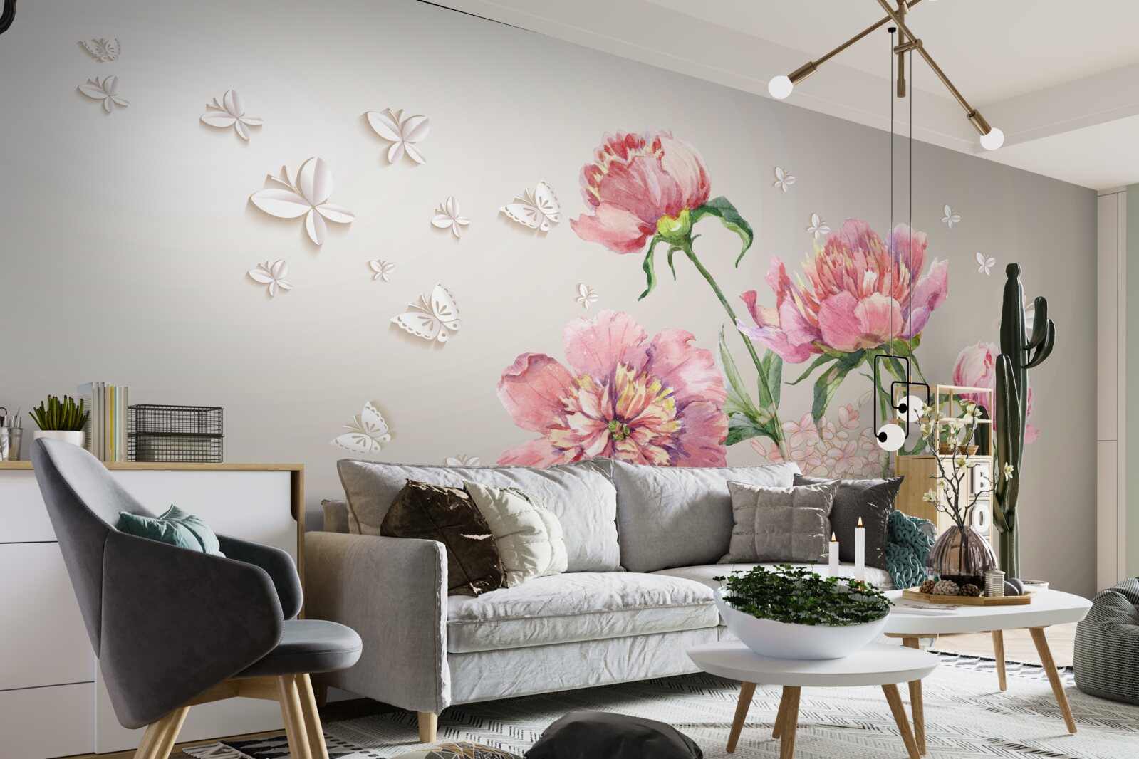 Papier peint fleurs printanières délicates dans des tons roses délicats