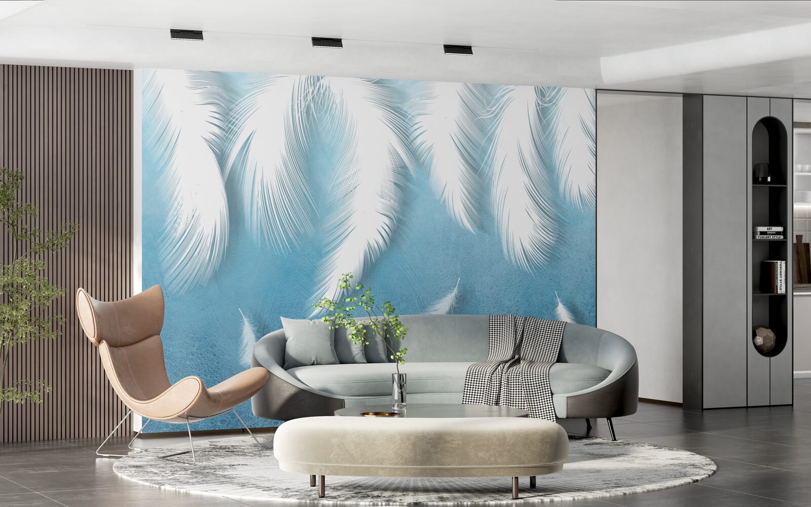 Papier peint plumes blanches tombant dans le ciel bleu