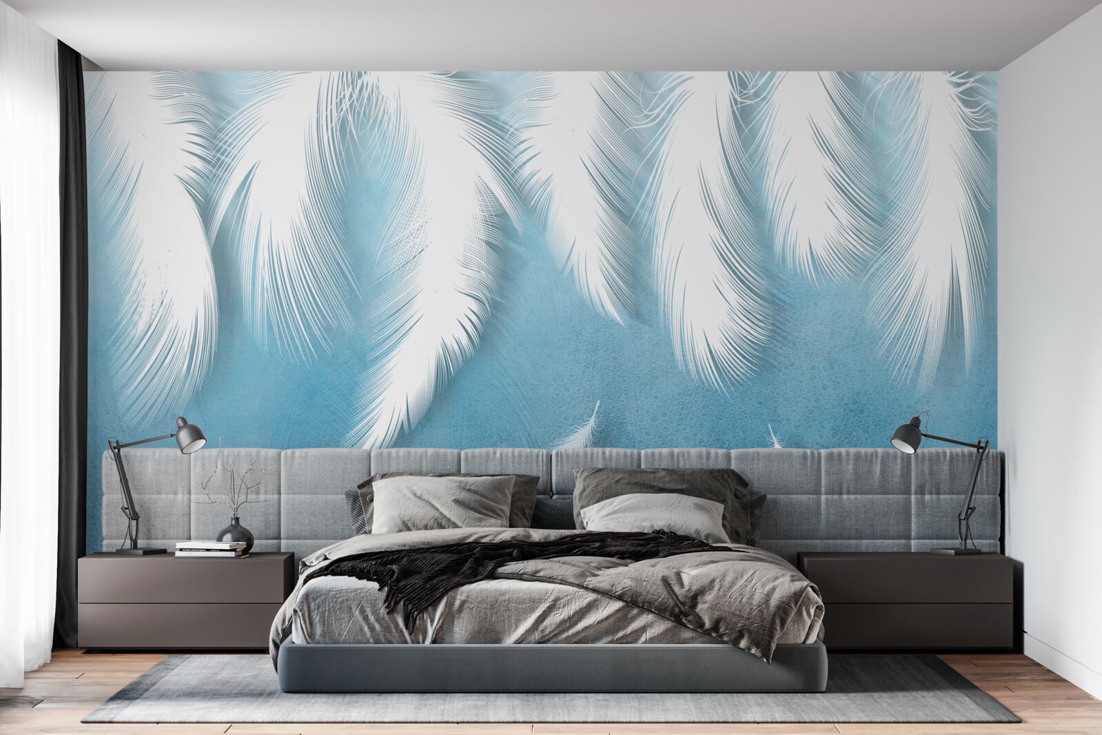 Papier peint plumes blanches tombant dans le ciel bleu