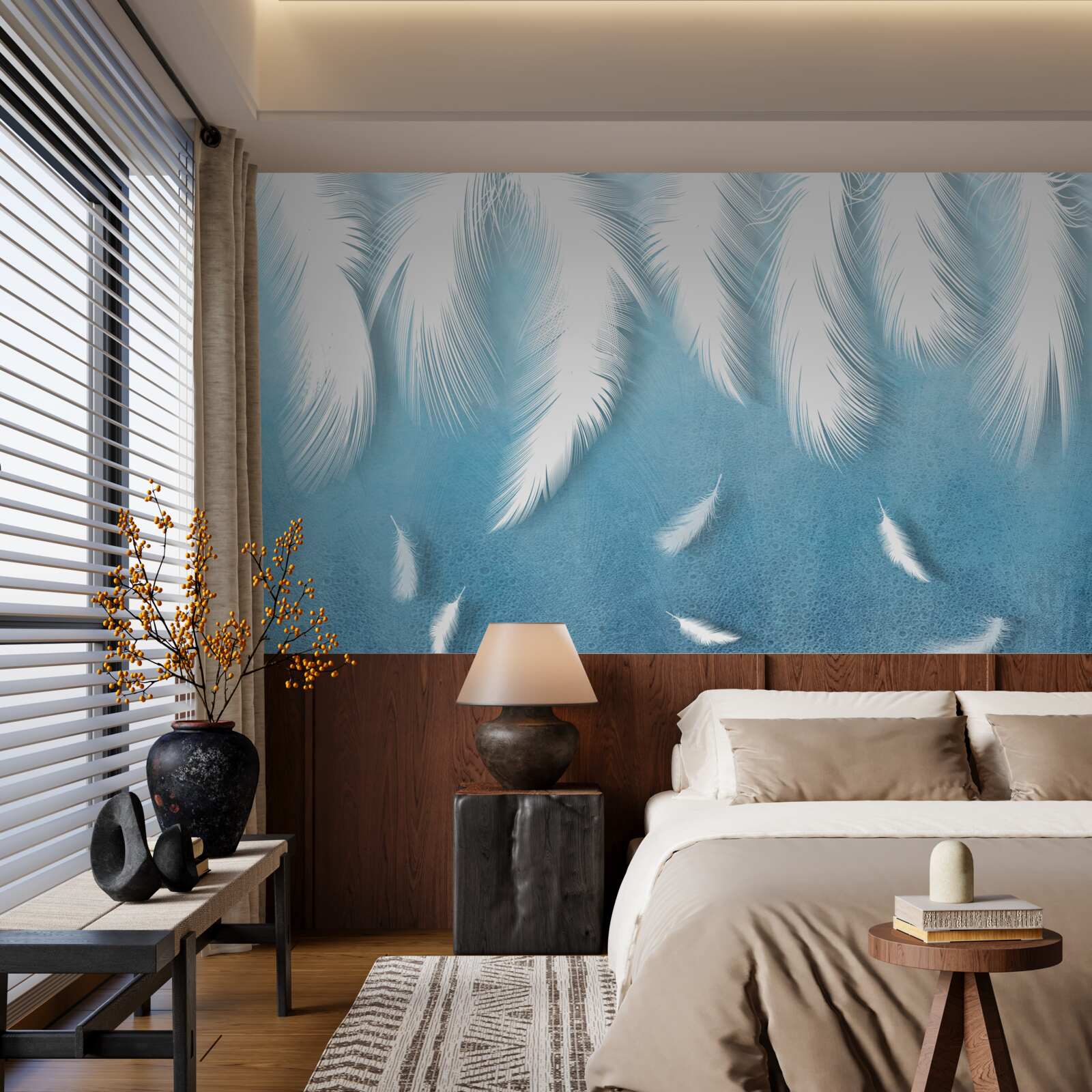 Papier peint plumes blanches tombant dans le ciel bleu