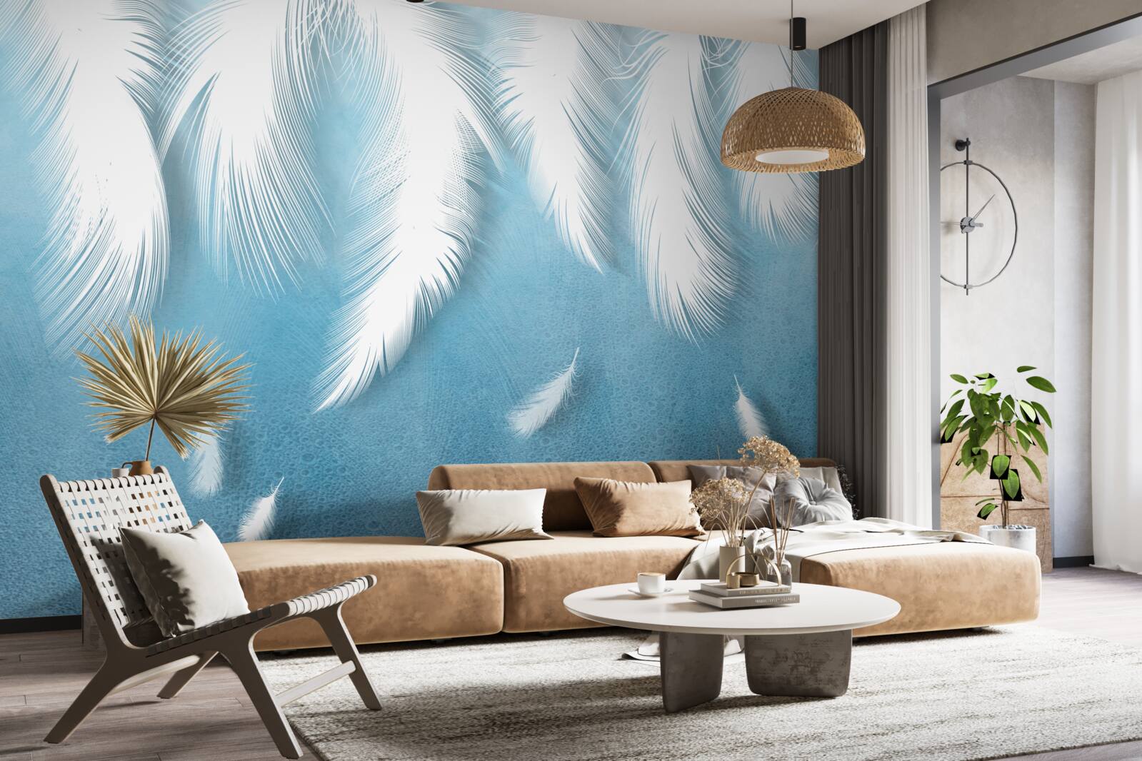 Papier peint plumes blanches tombant dans le ciel bleu