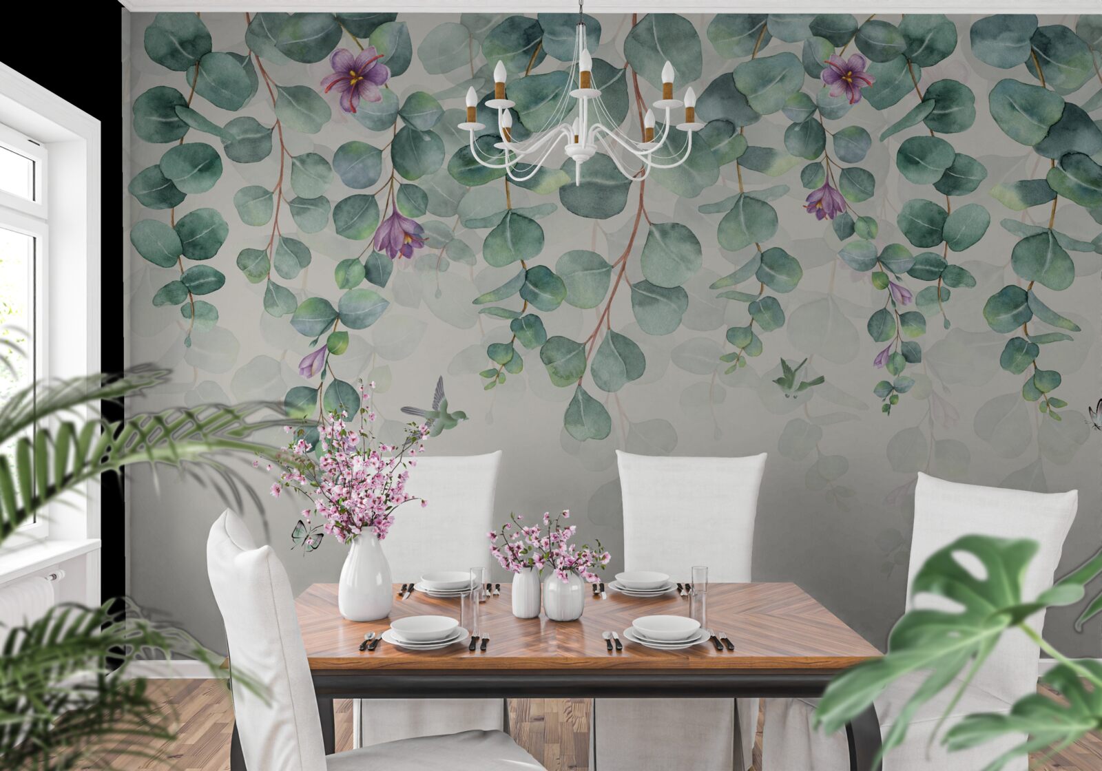 Papier peint eucalyptus en fleurs