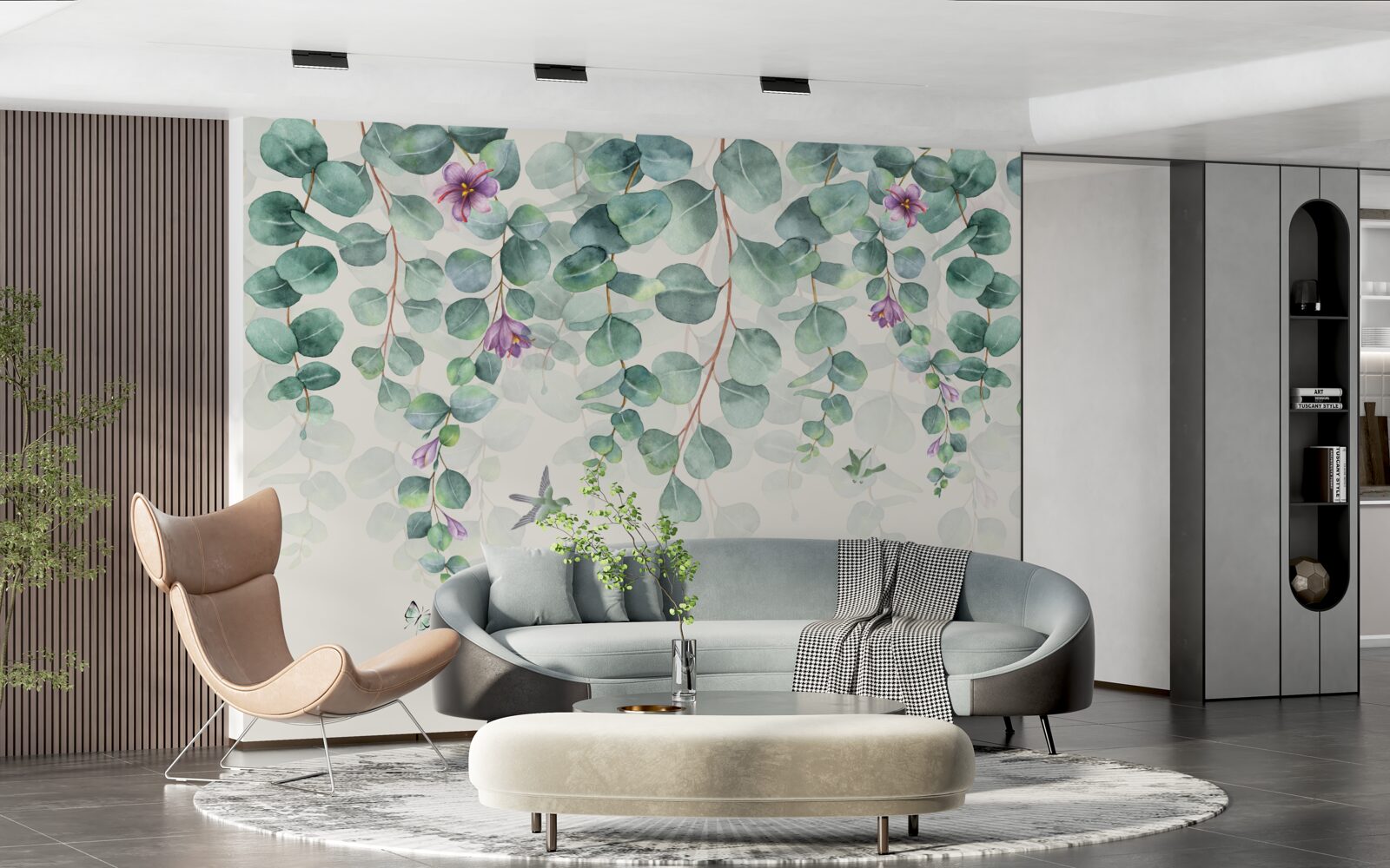 Papier peint eucalyptus en fleurs