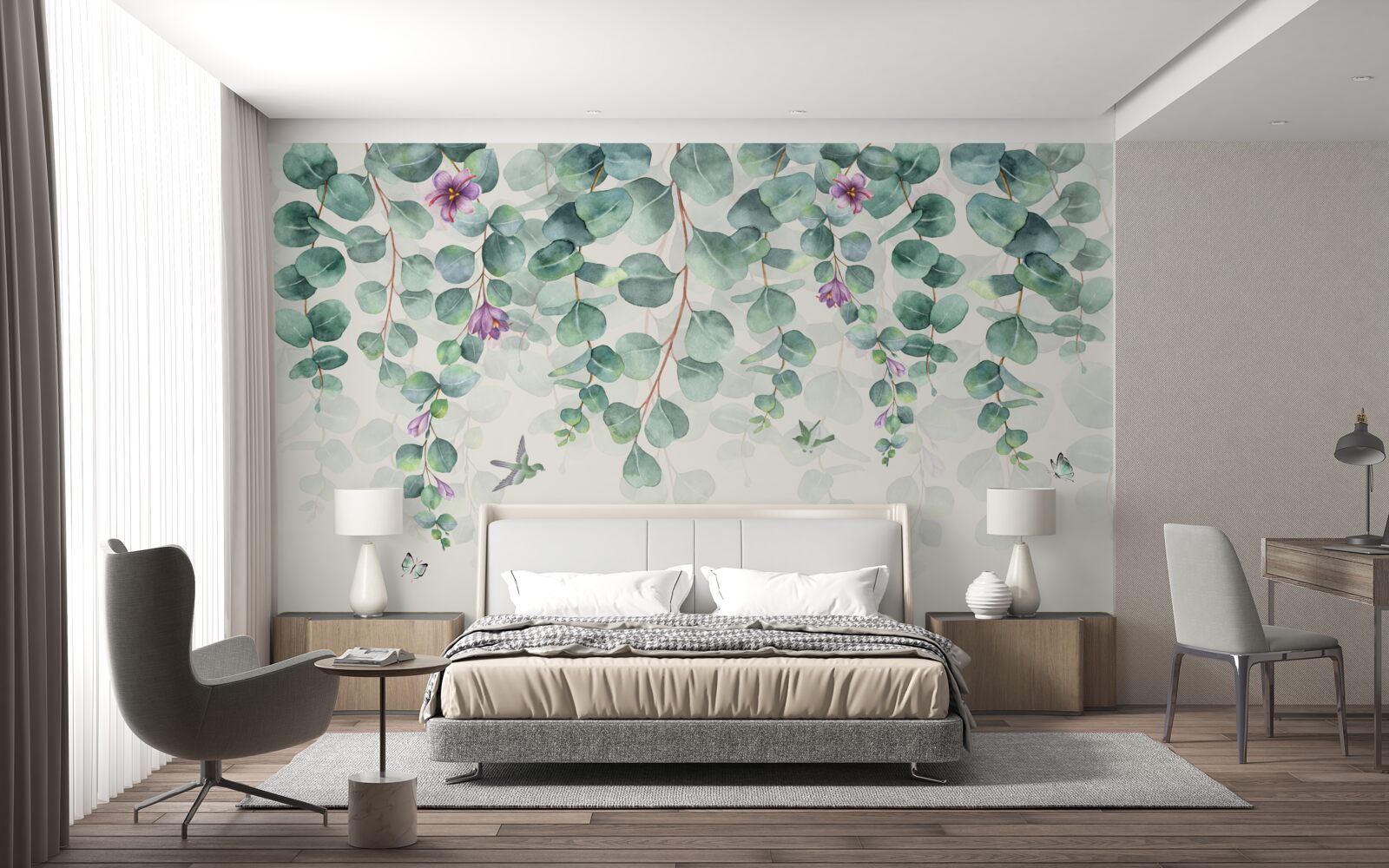 Papier peint eucalyptus en fleurs