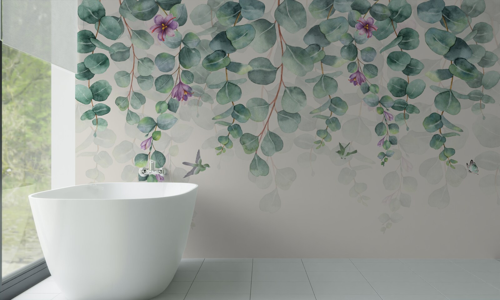 Papier peint eucalyptus en fleurs