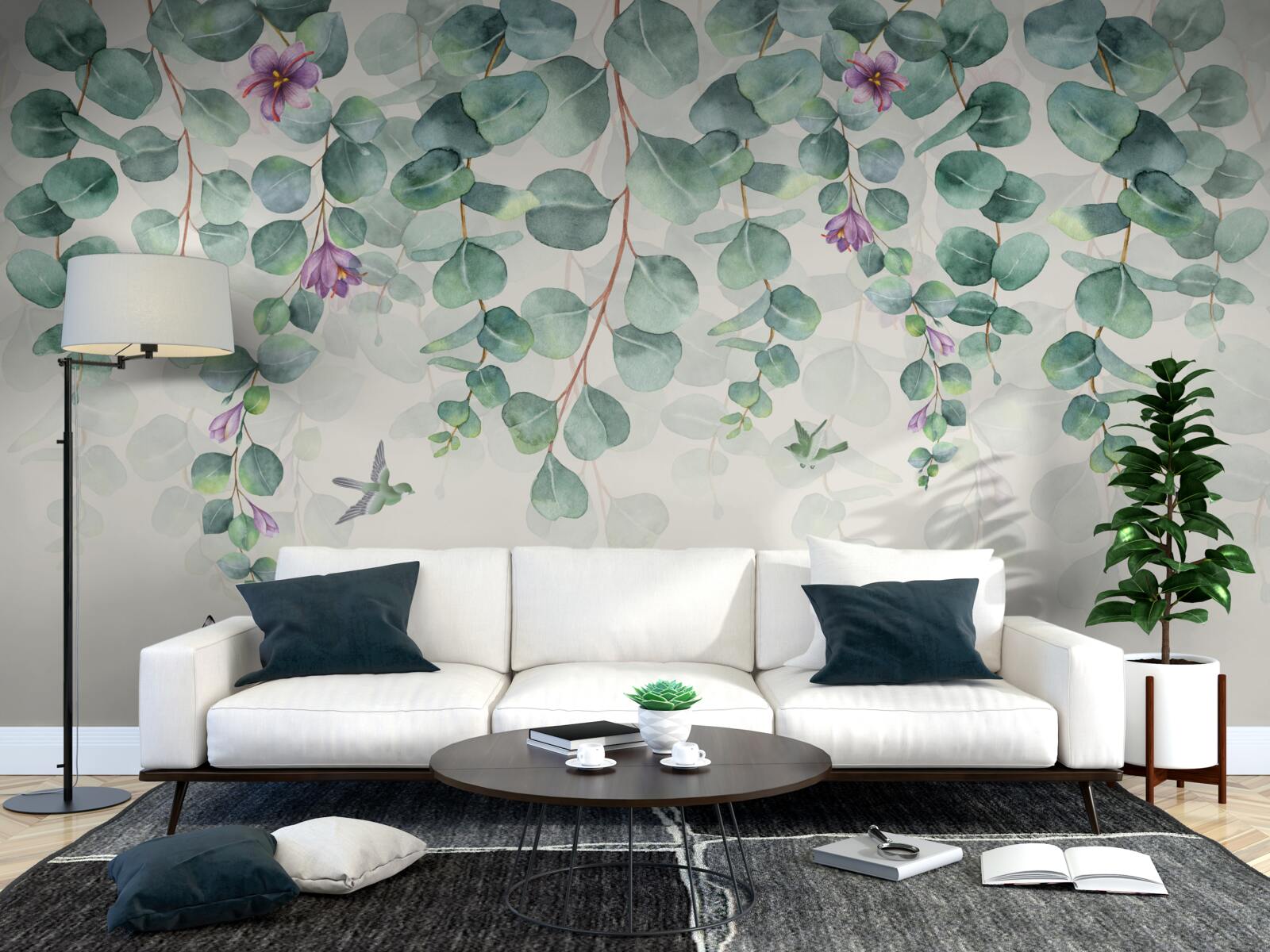 Papier peint eucalyptus en fleurs