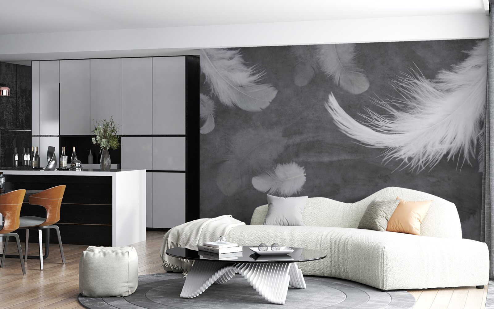 Papier peint Plumes blanches comme neige, densément dispersées sur un fond gris