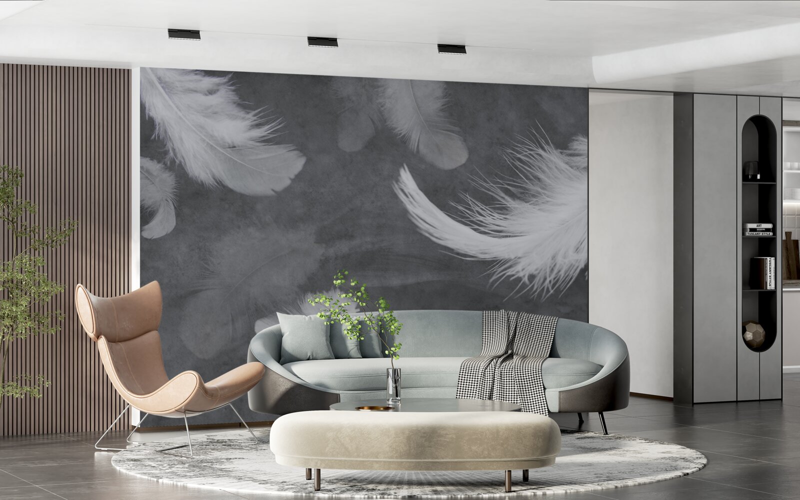 Papier peint Plumes blanches comme neige, densément dispersées sur un fond gris