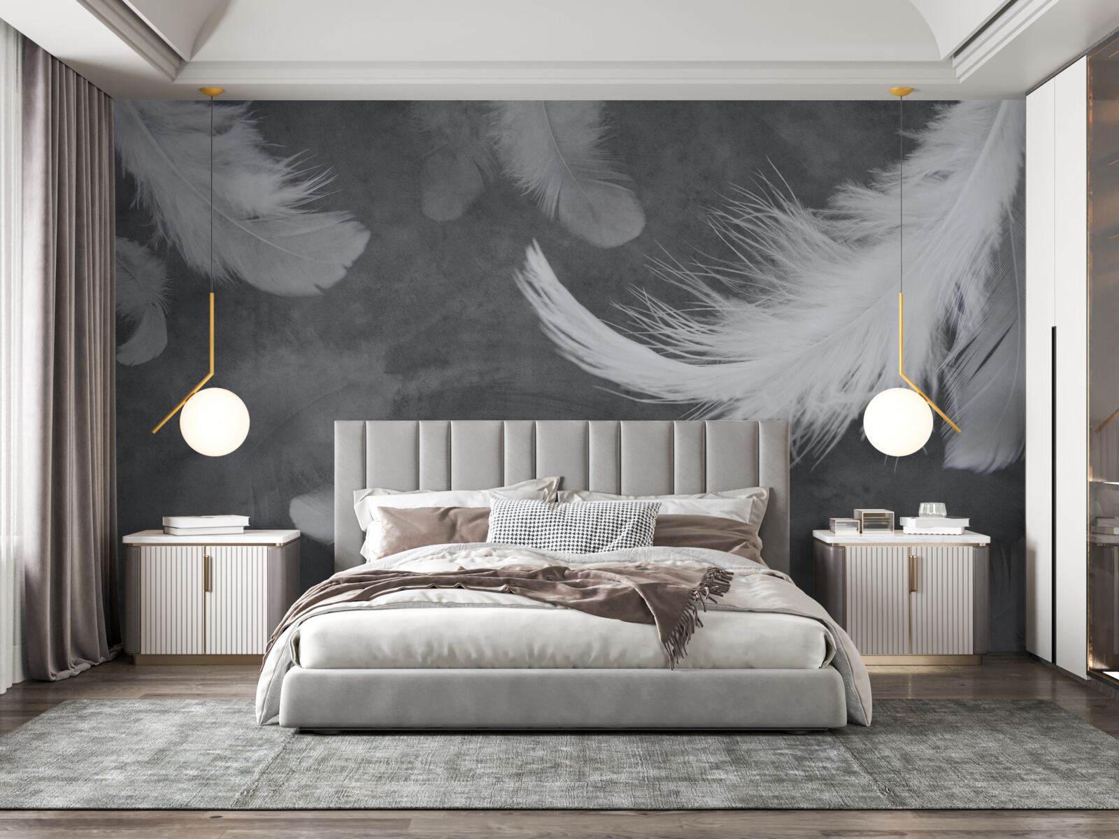 Papier peint Plumes blanches comme neige, densément dispersées sur un fond gris