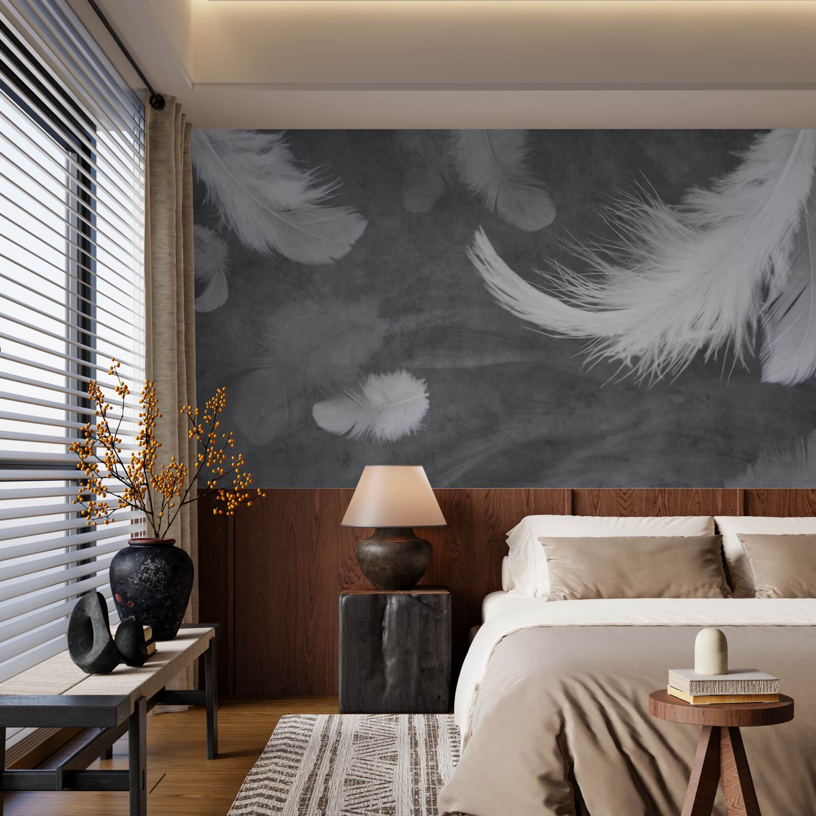 Papier peint Plumes blanches comme neige, densément dispersées sur un fond gris