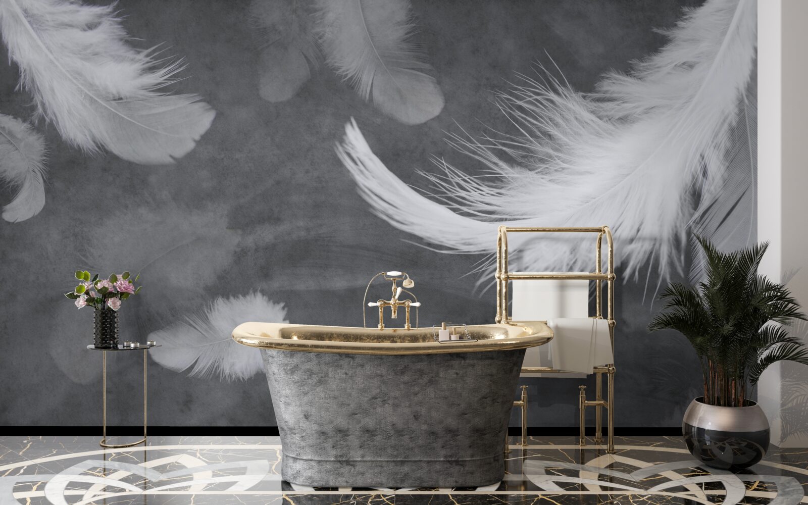 Papier peint Plumes blanches comme neige, densément dispersées sur un fond gris