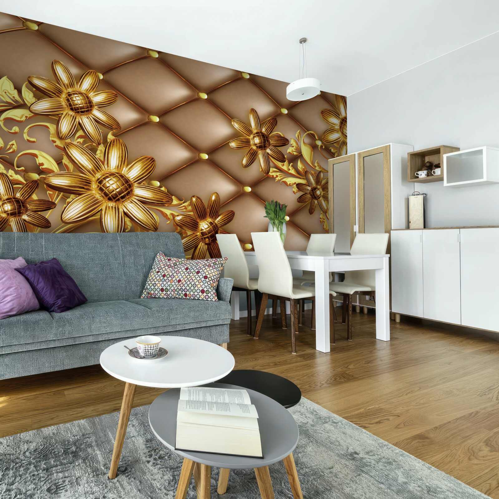 Papier peint fleurs dorées sur tissu