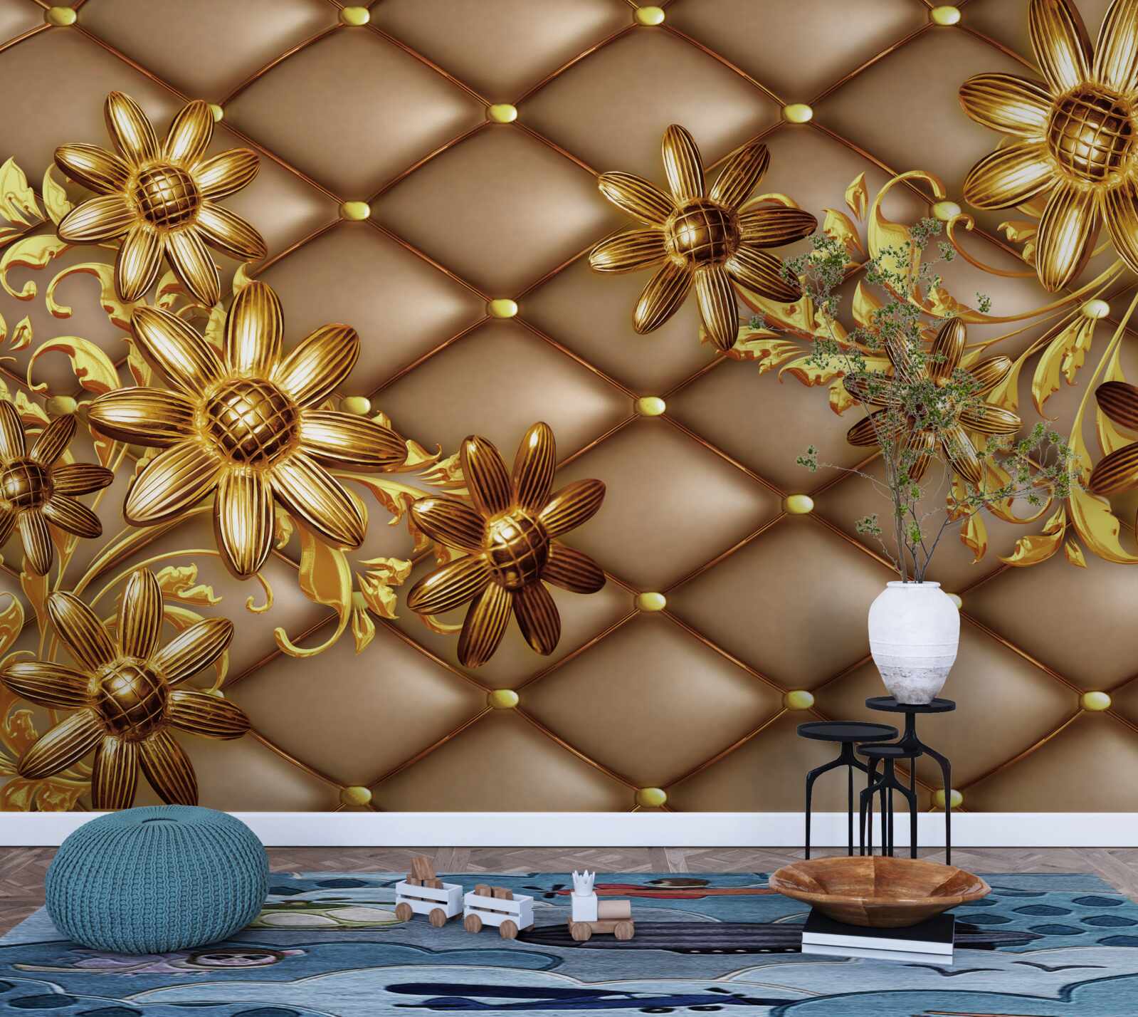 Papier peint fleurs dorées sur tissu