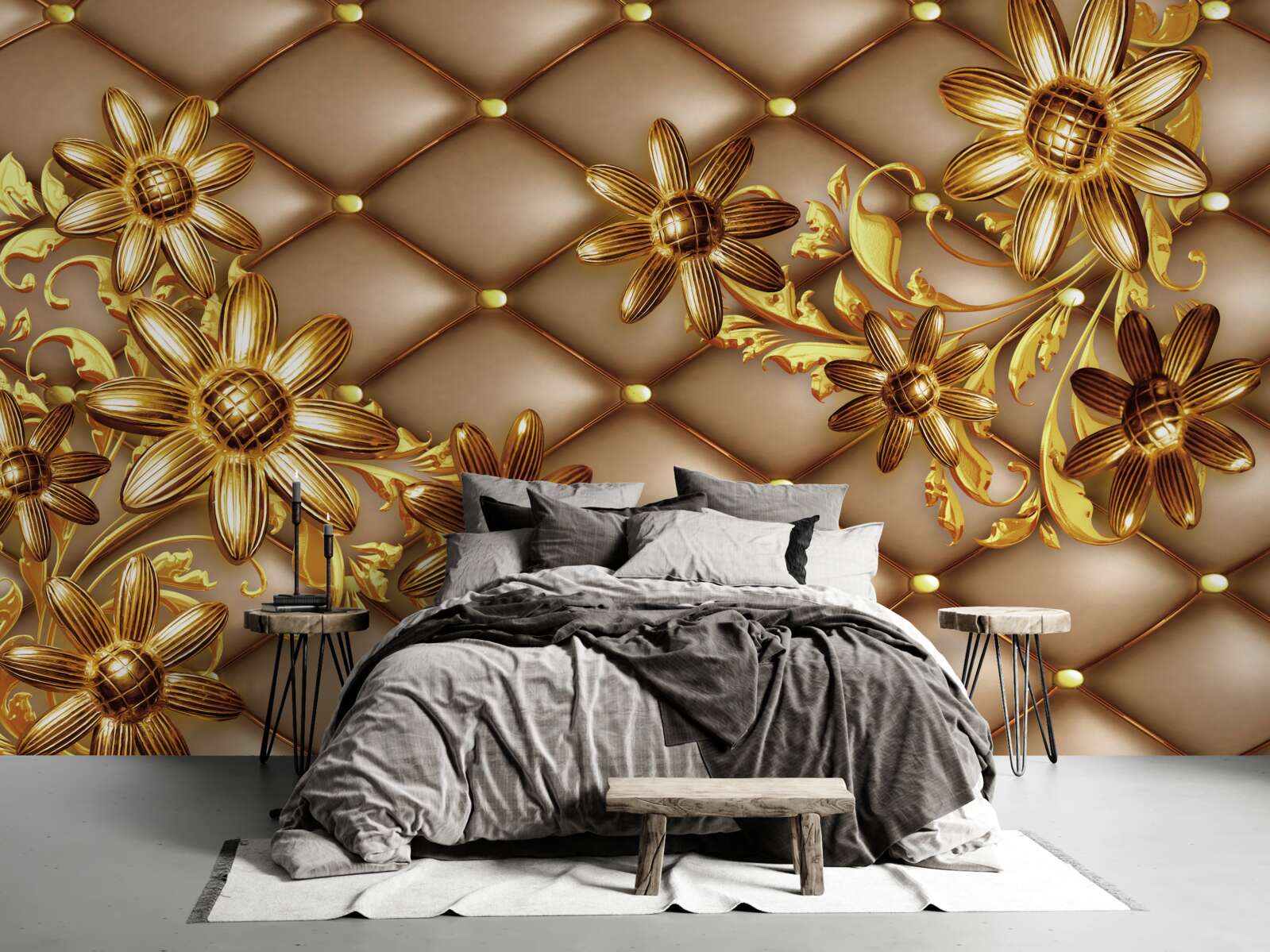 Papier peint fleurs dorées sur tissu