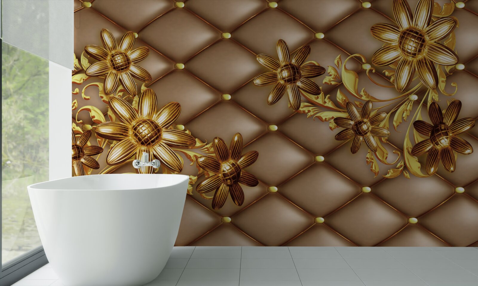 Papier peint fleurs dorées sur tissu