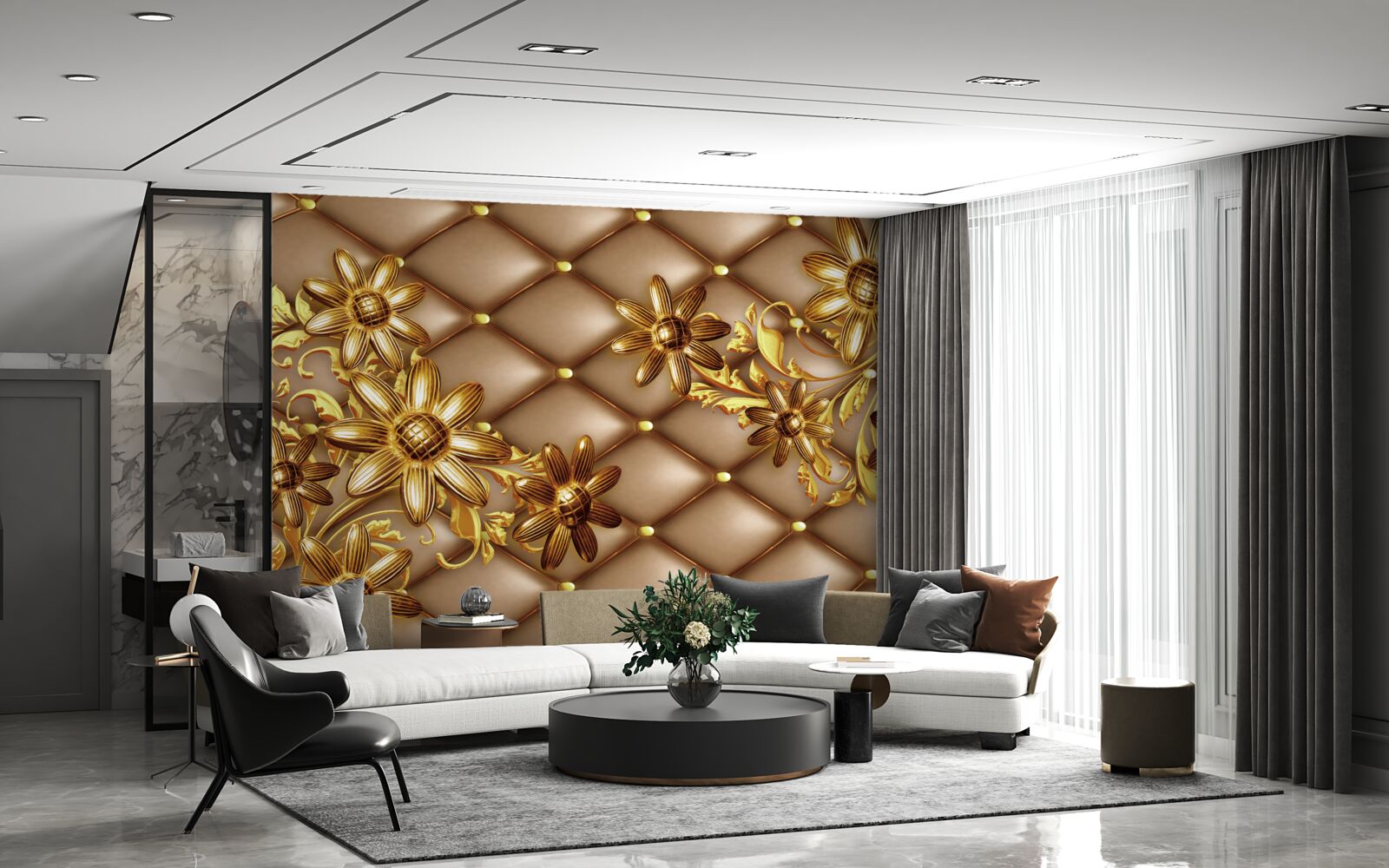 Papier peint fleurs dorées sur tissu