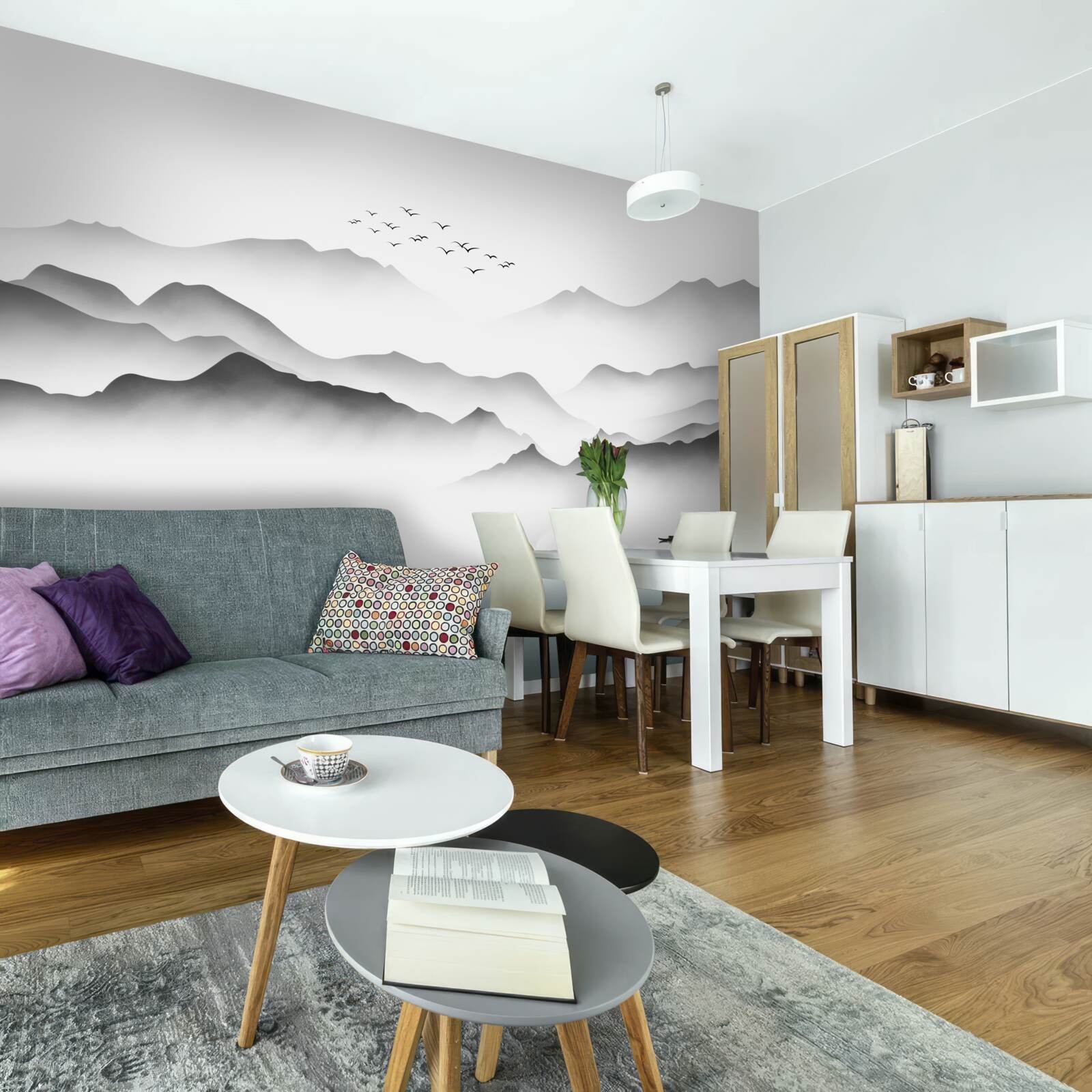 Papier peint une matinée au bord de la rivière, enveloppée de brume