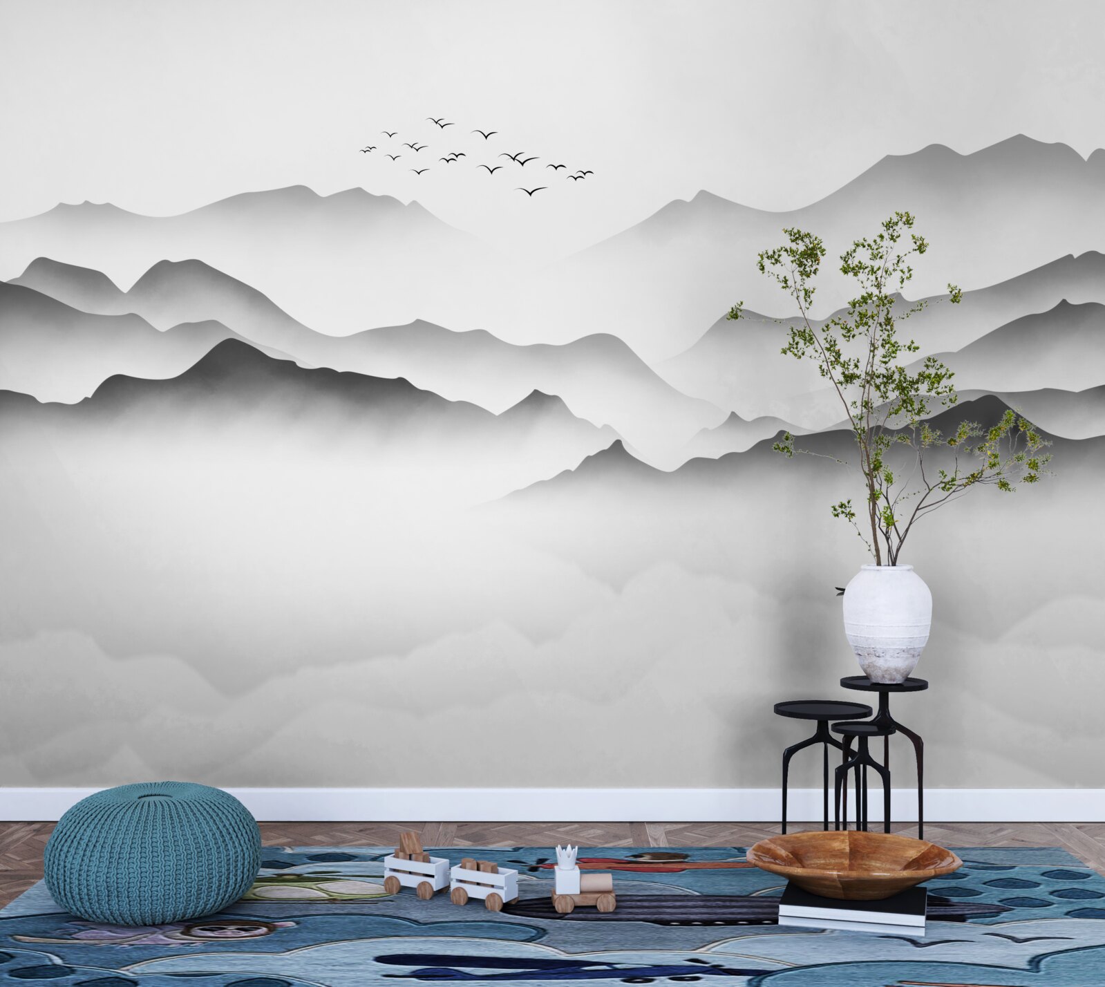 Papier peint une matinée au bord de la rivière, enveloppée de brume