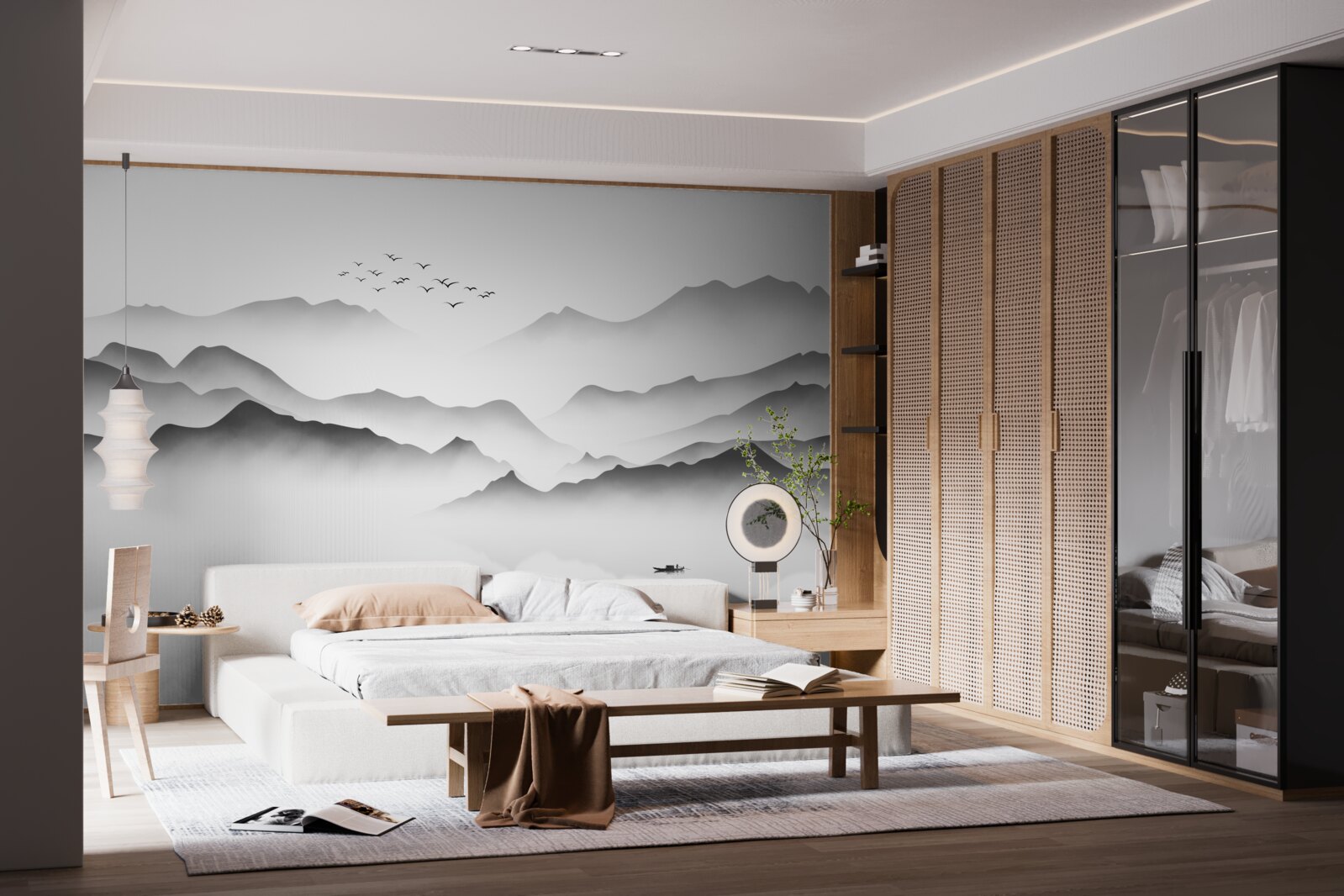 Papier peint une matinée au bord de la rivière, enveloppée de brume