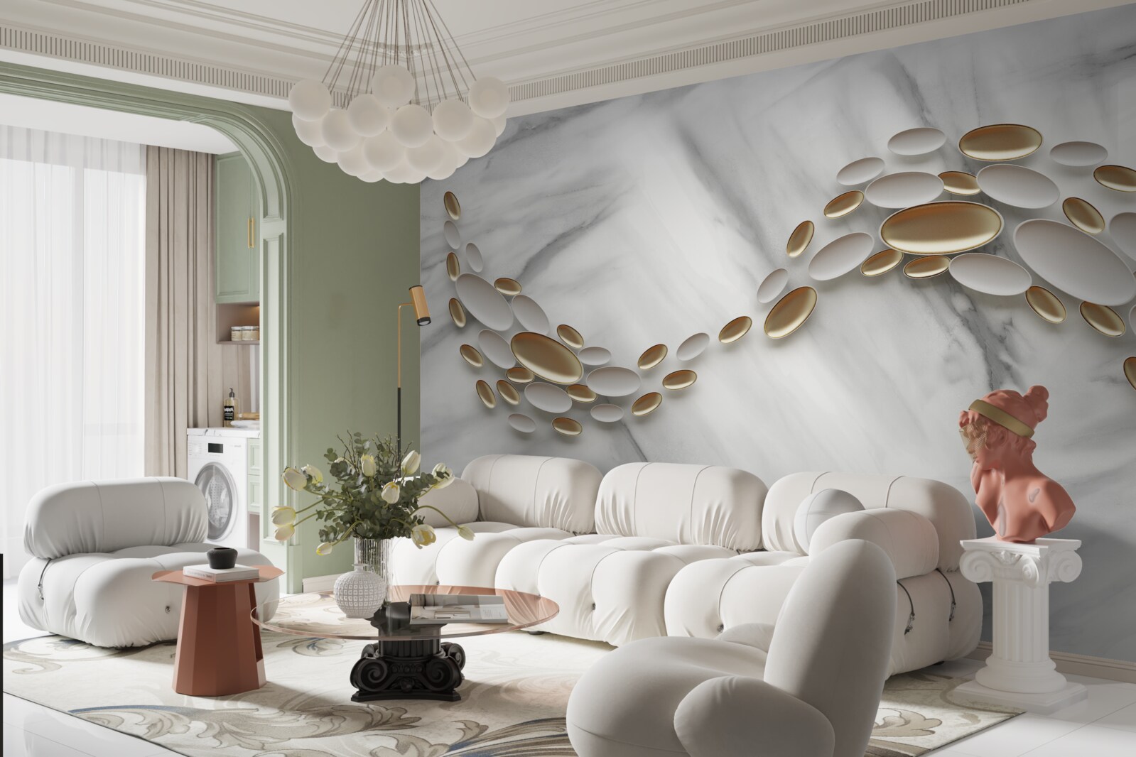 Papier peint l'or se mêle aux veines de marbre