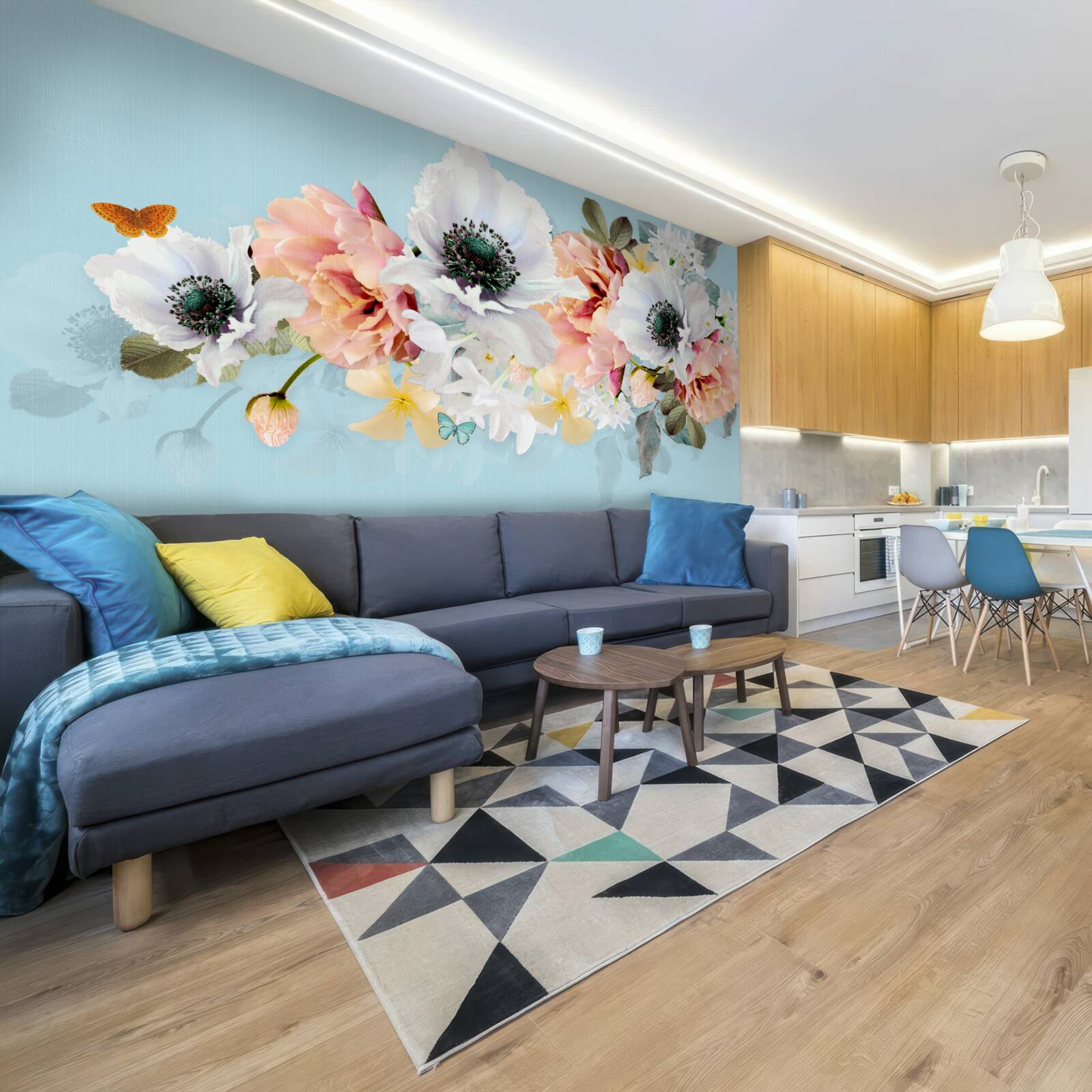 Papier peint bouquet de coquelicots blancs et autres fleurs