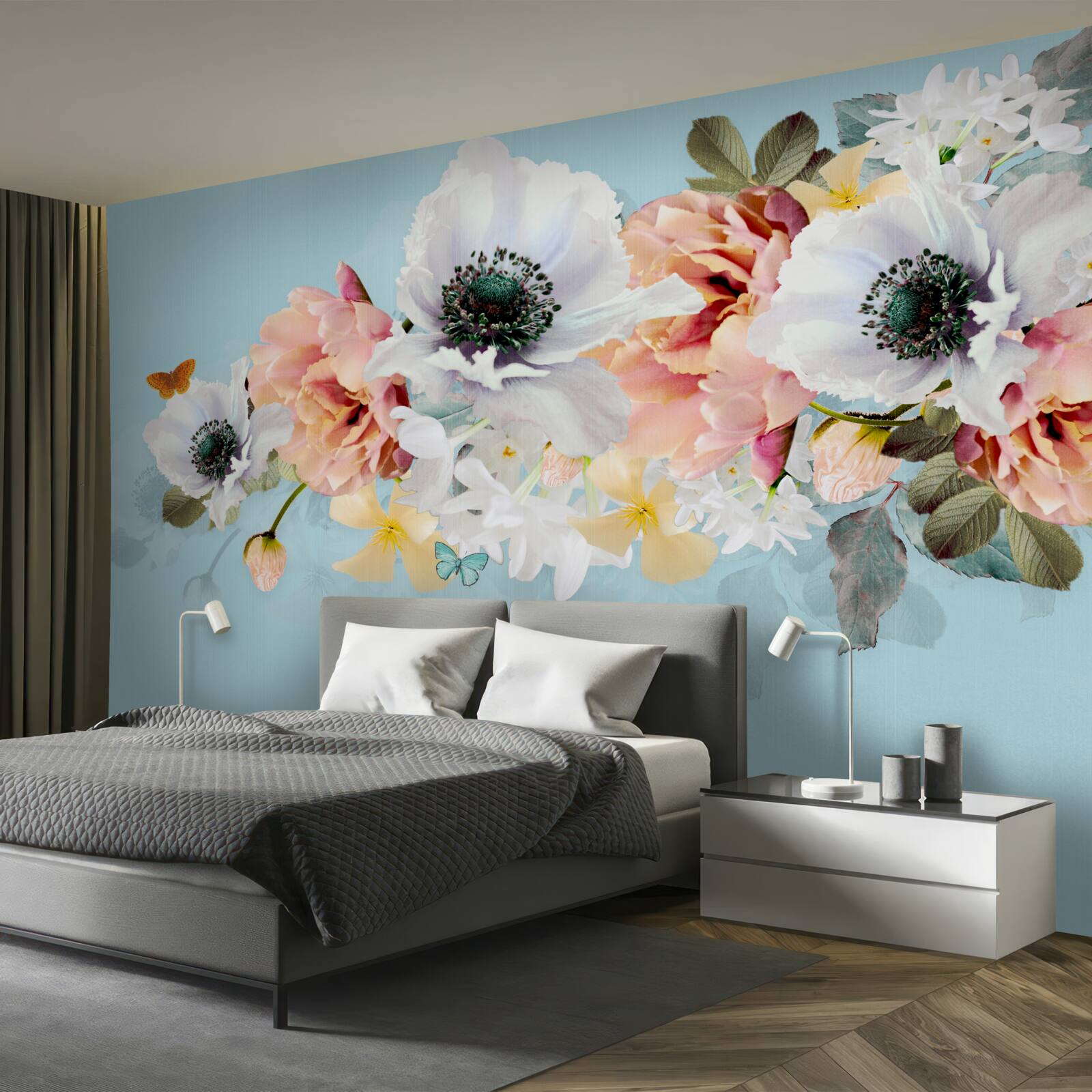 Papier peint bouquet de coquelicots blancs et autres fleurs