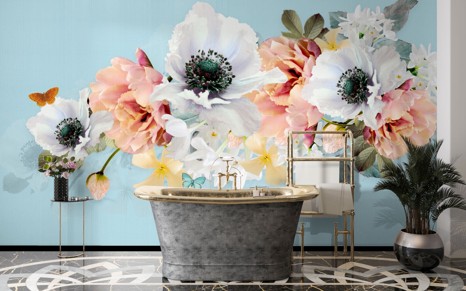 Papier peint bouquet de coquelicots blancs et autres fleurs