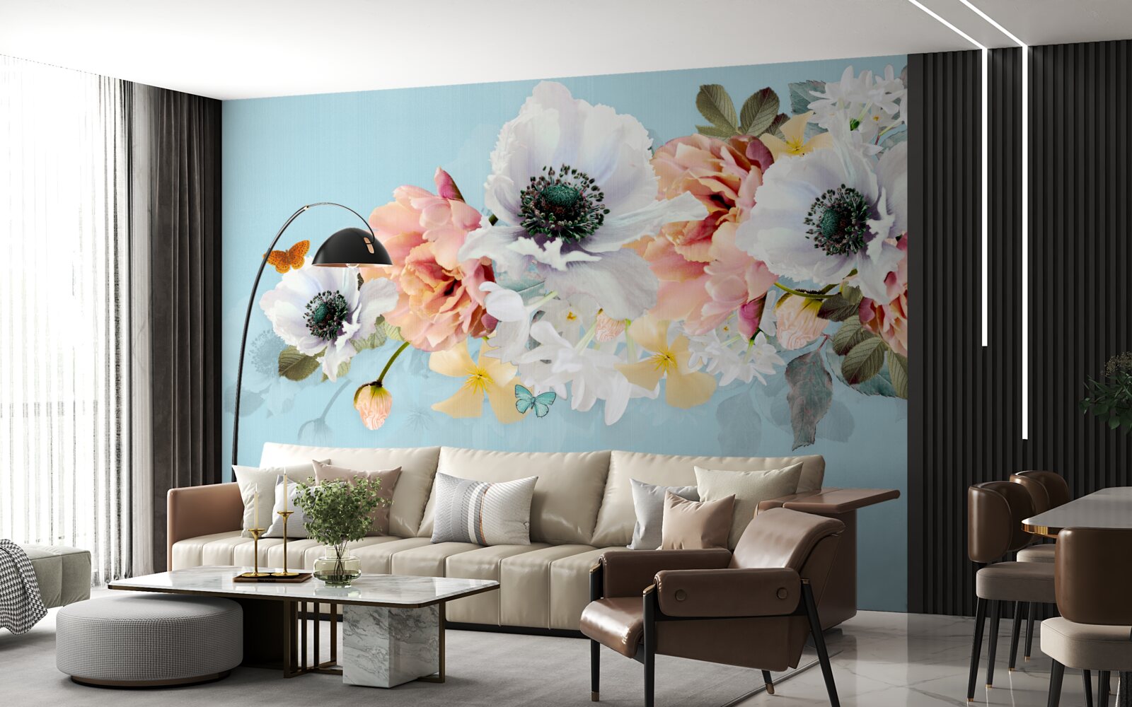 Papier peint bouquet de coquelicots blancs et autres fleurs