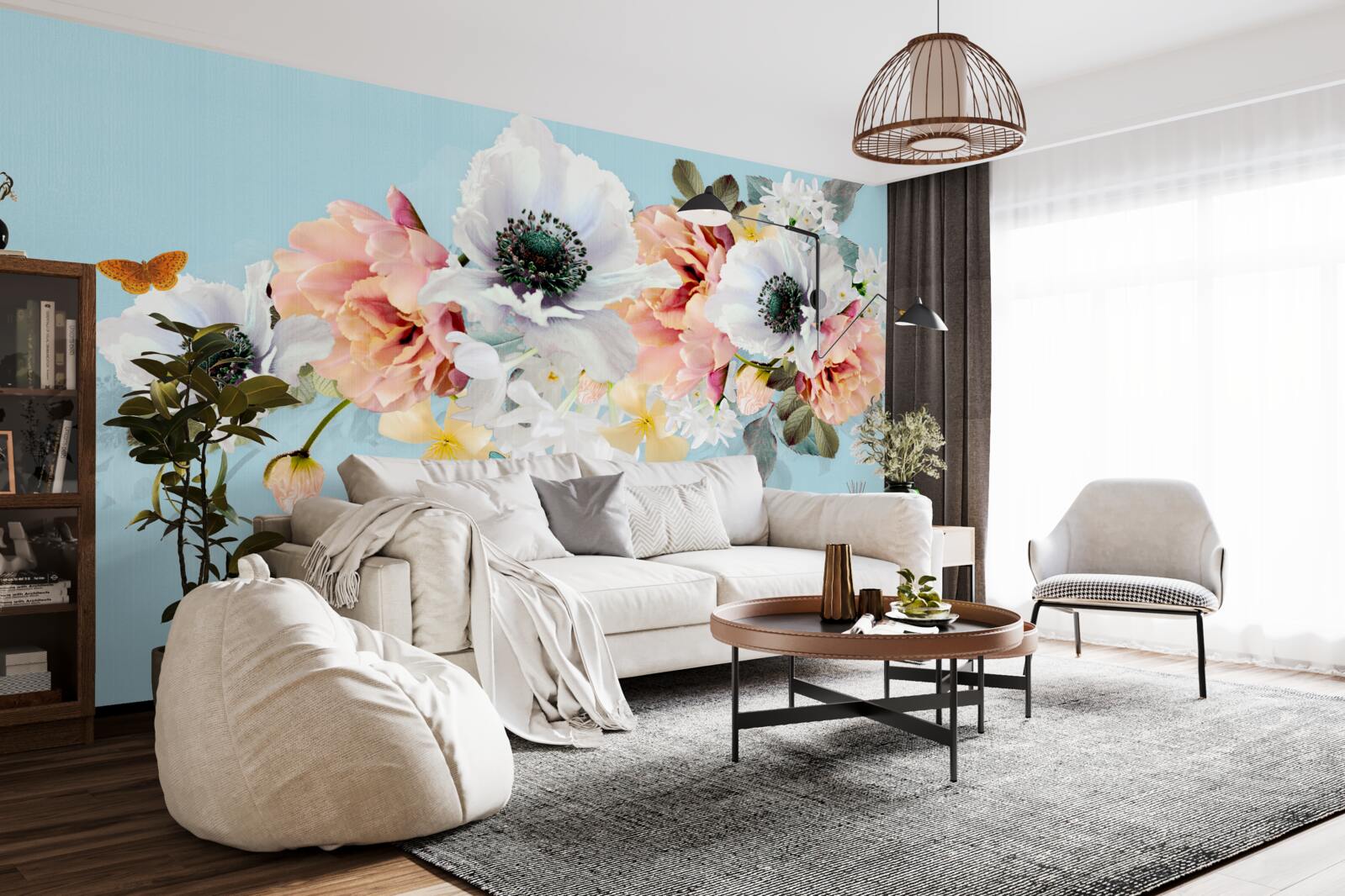 Papier peint bouquet de coquelicots blancs et autres fleurs