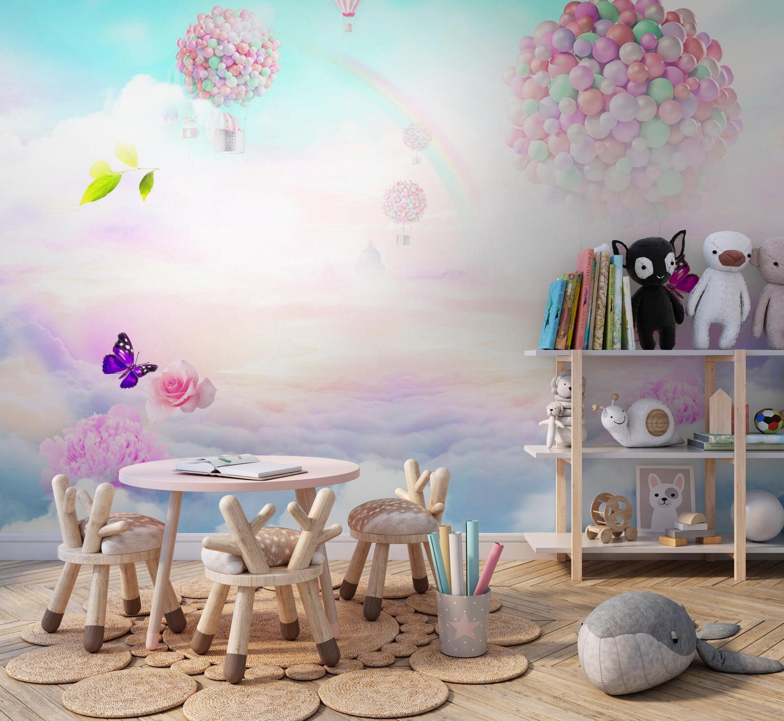 Papier peint des boules d'air et des papillons volants