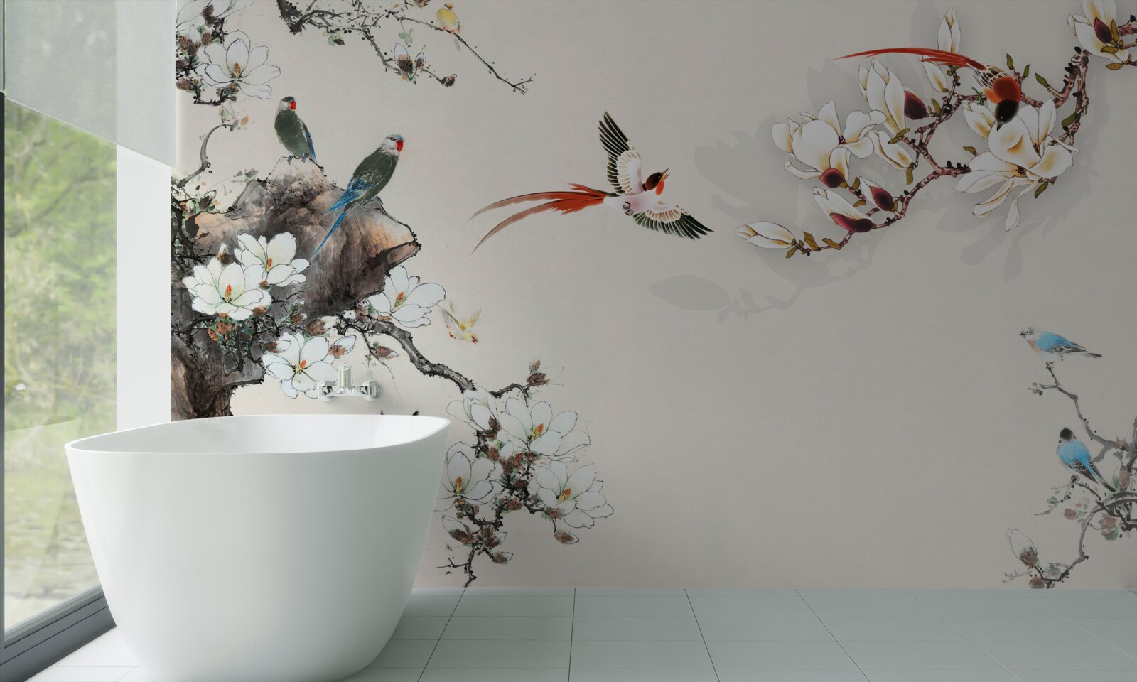 Papier peint les oiseaux se réjouissent parmi les fleurs