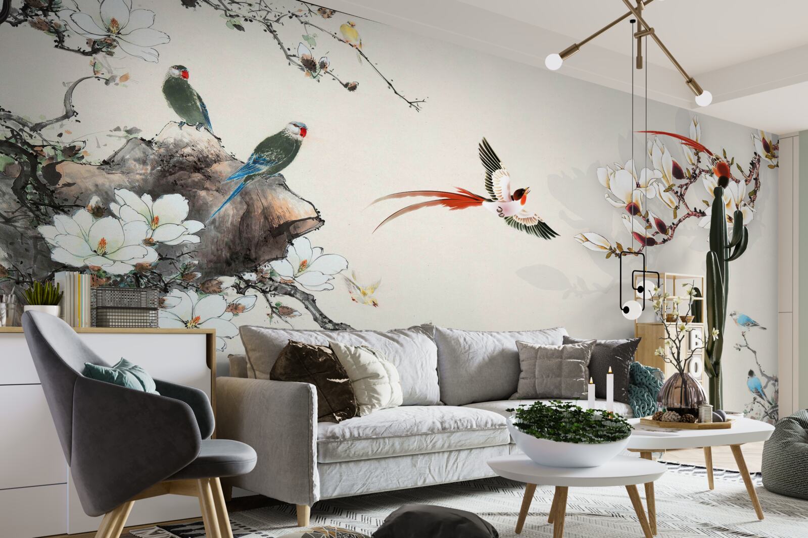 Papier peint les oiseaux se réjouissent parmi les fleurs