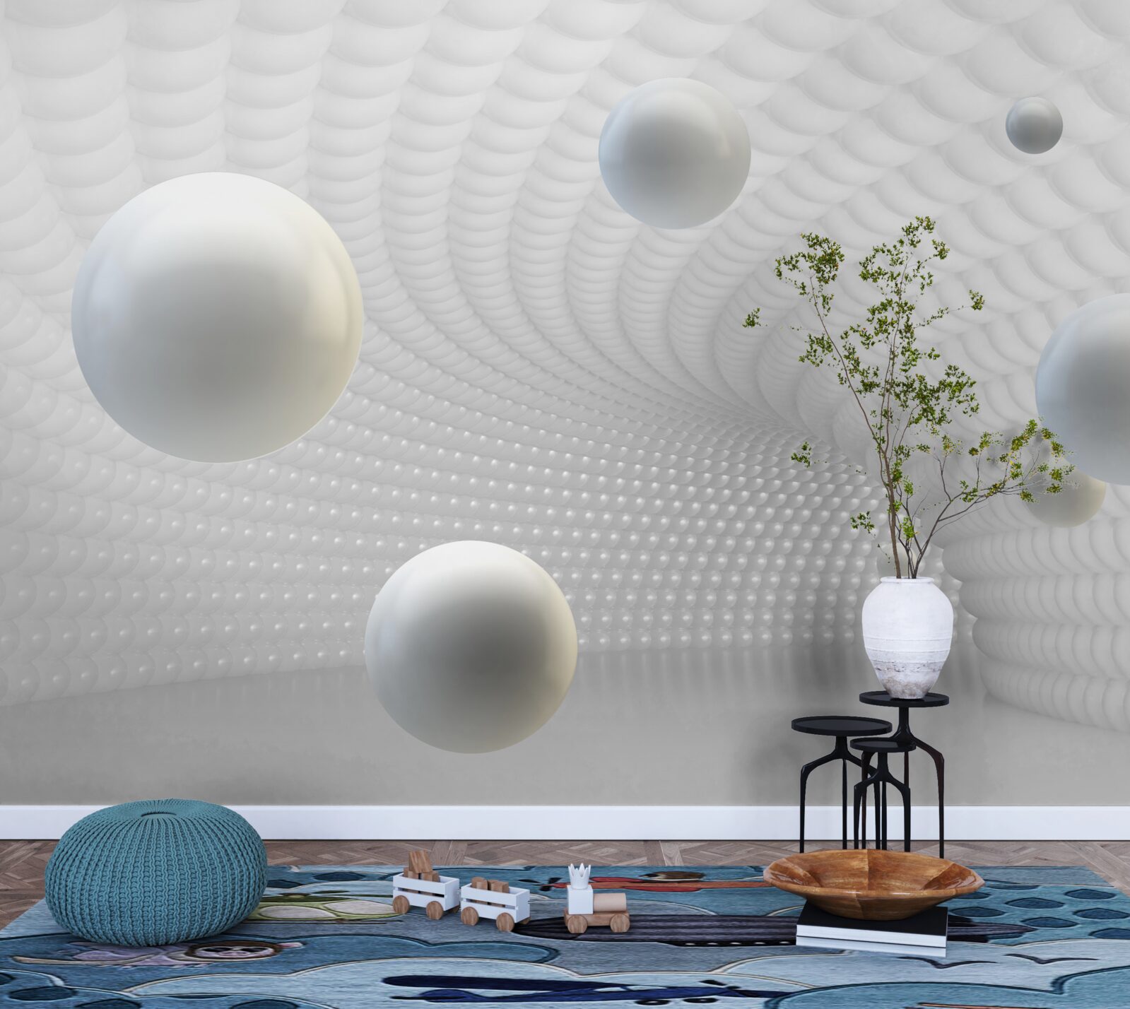 Papier peint boules blanches flottantes dans le couloir