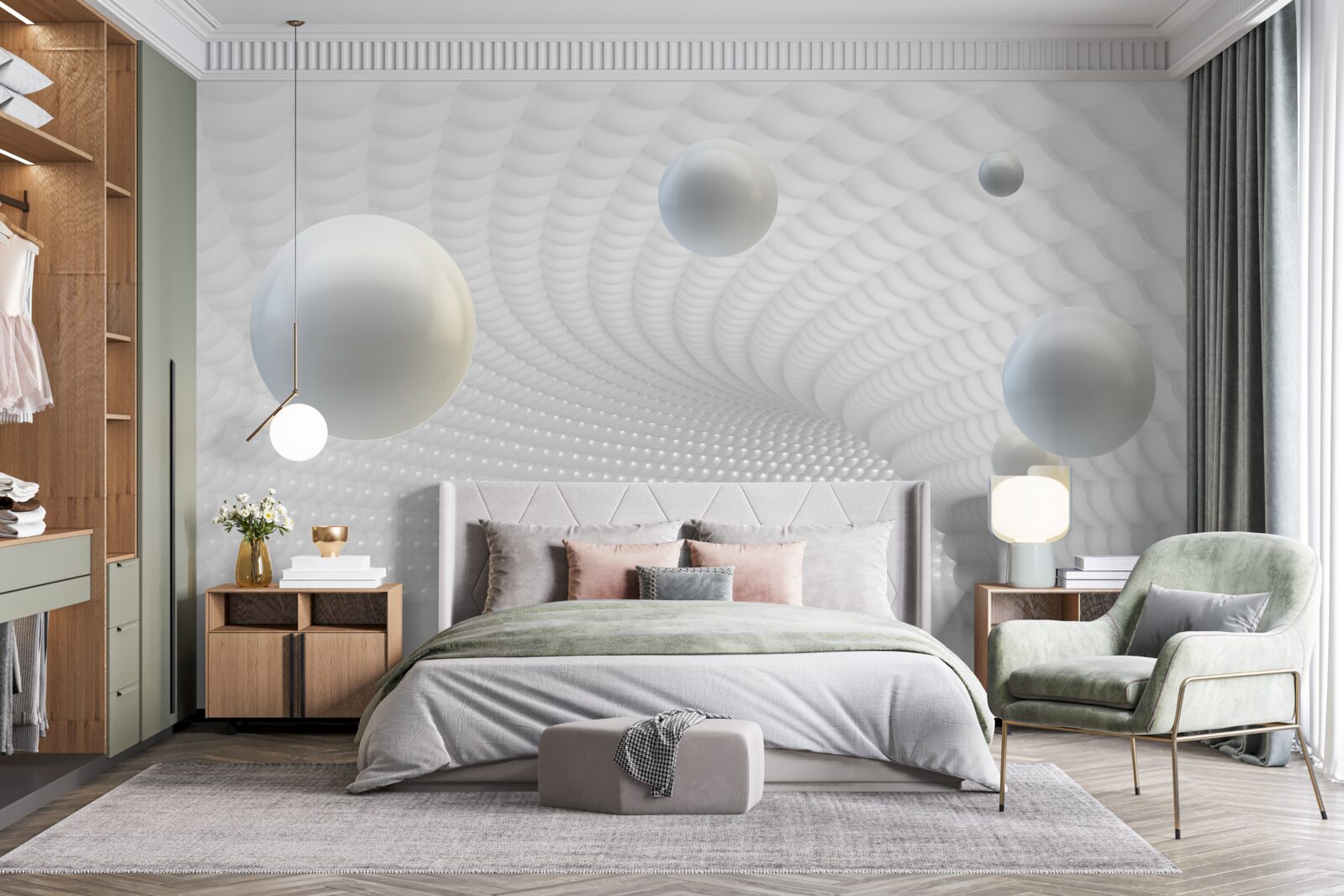 Papier peint boules blanches flottantes dans le couloir