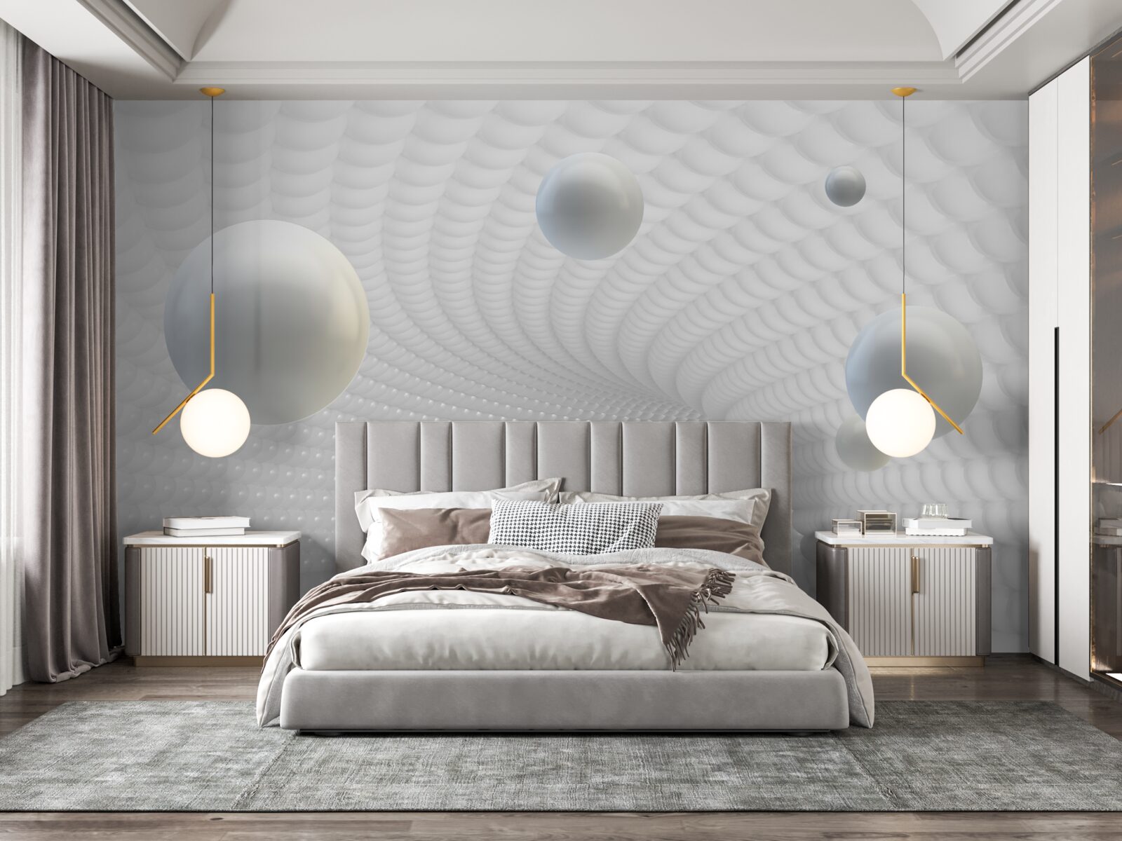 Papier peint boules blanches flottantes dans le couloir