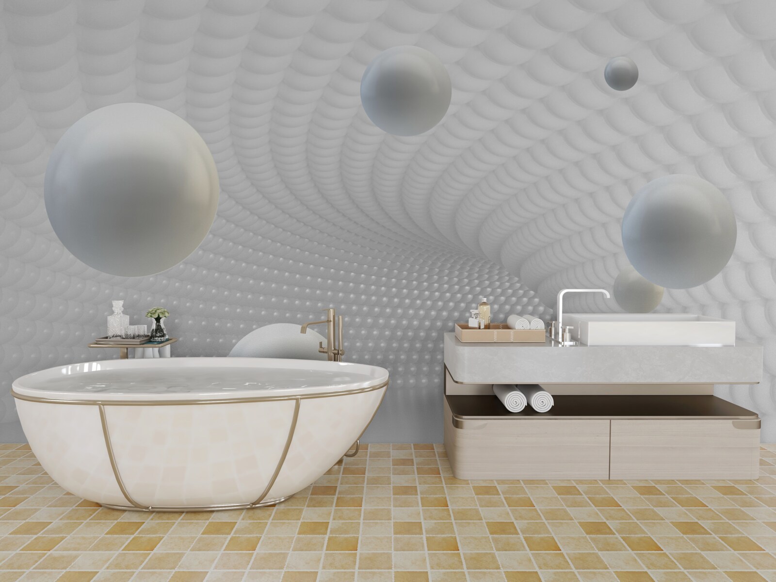 Papier peint boules blanches flottantes dans le couloir