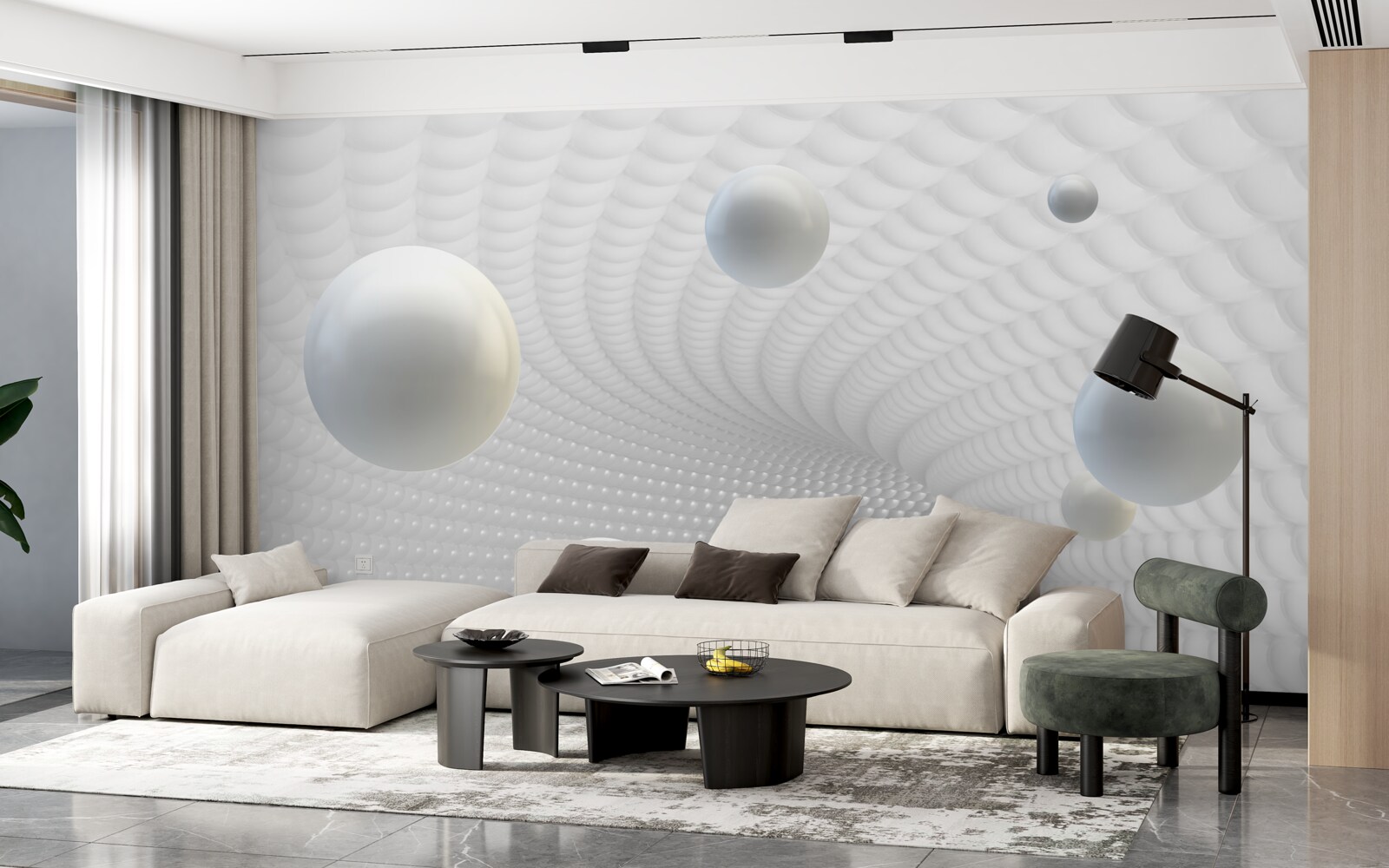 Papier peint boules blanches flottantes dans le couloir