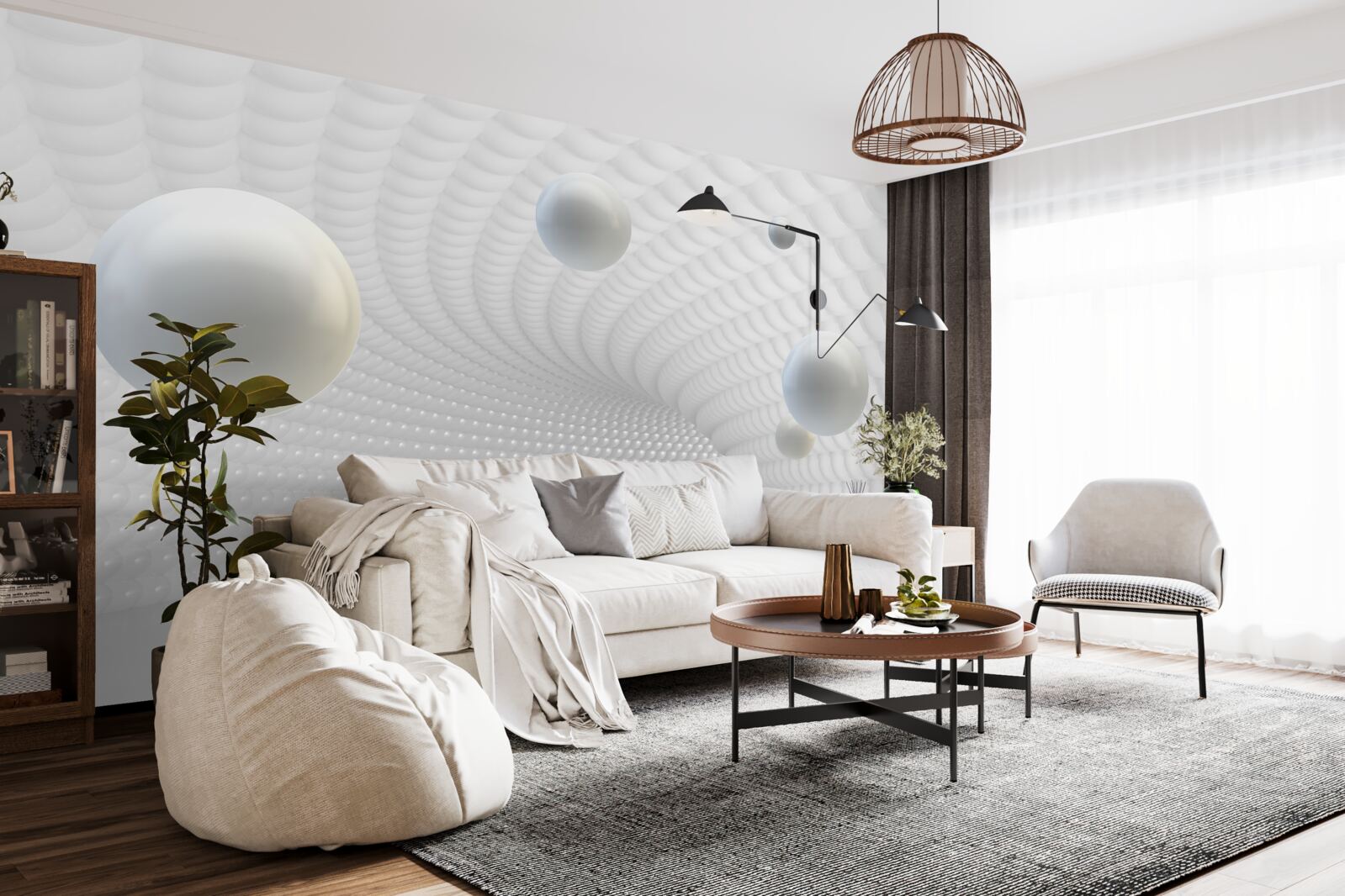 Papier peint boules blanches flottantes dans le couloir