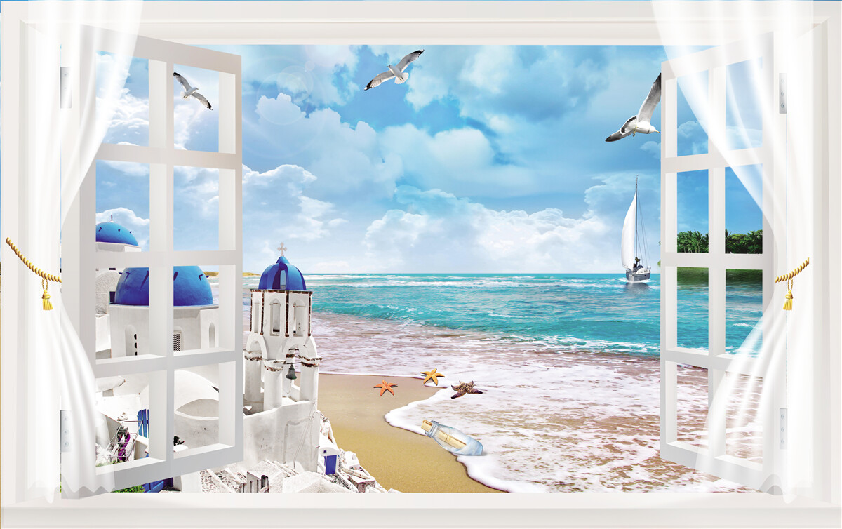 Papier peint vue de la plage en grece depuis une fenetre