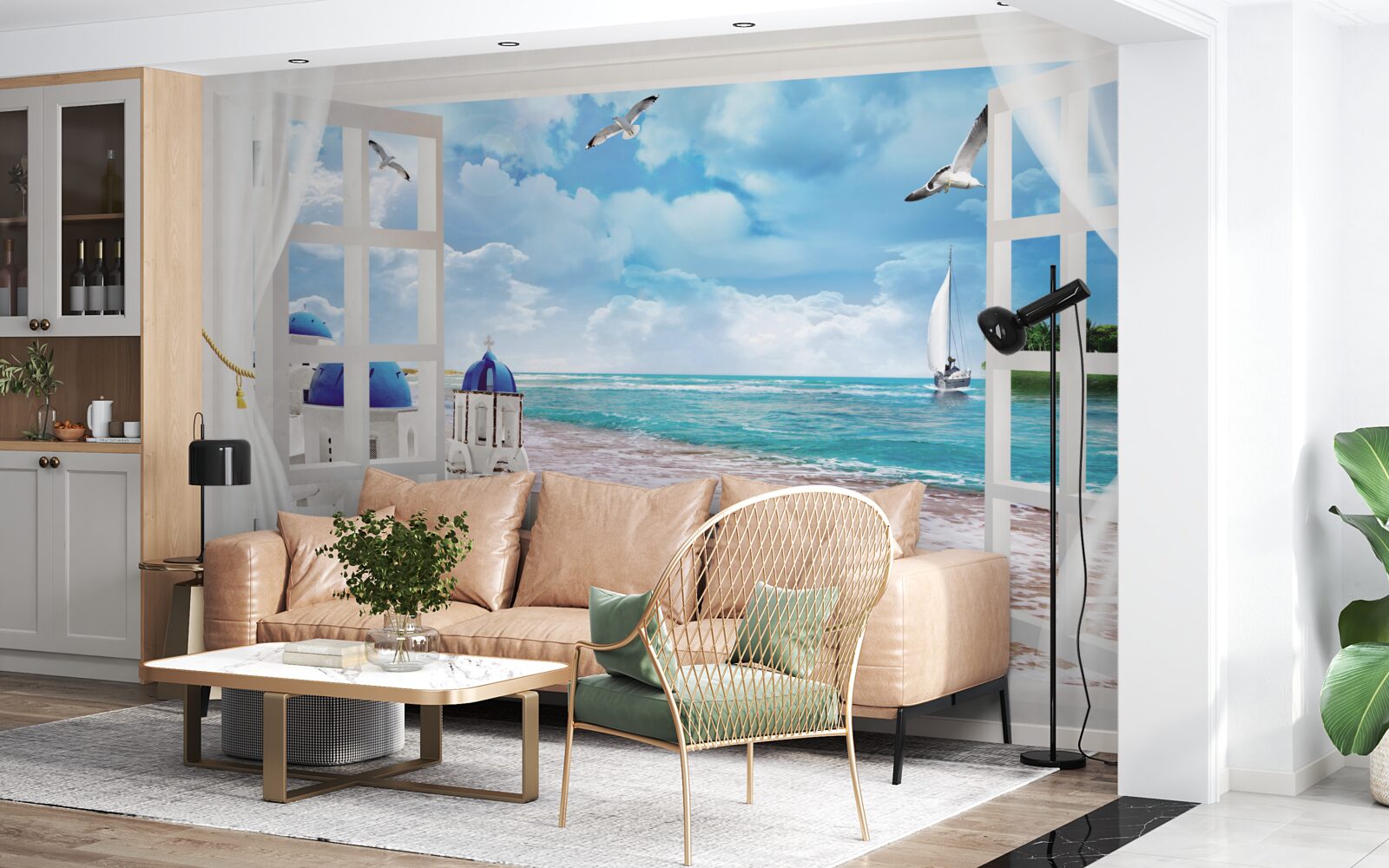 Papier peint vue de la plage en grece depuis une fenetre