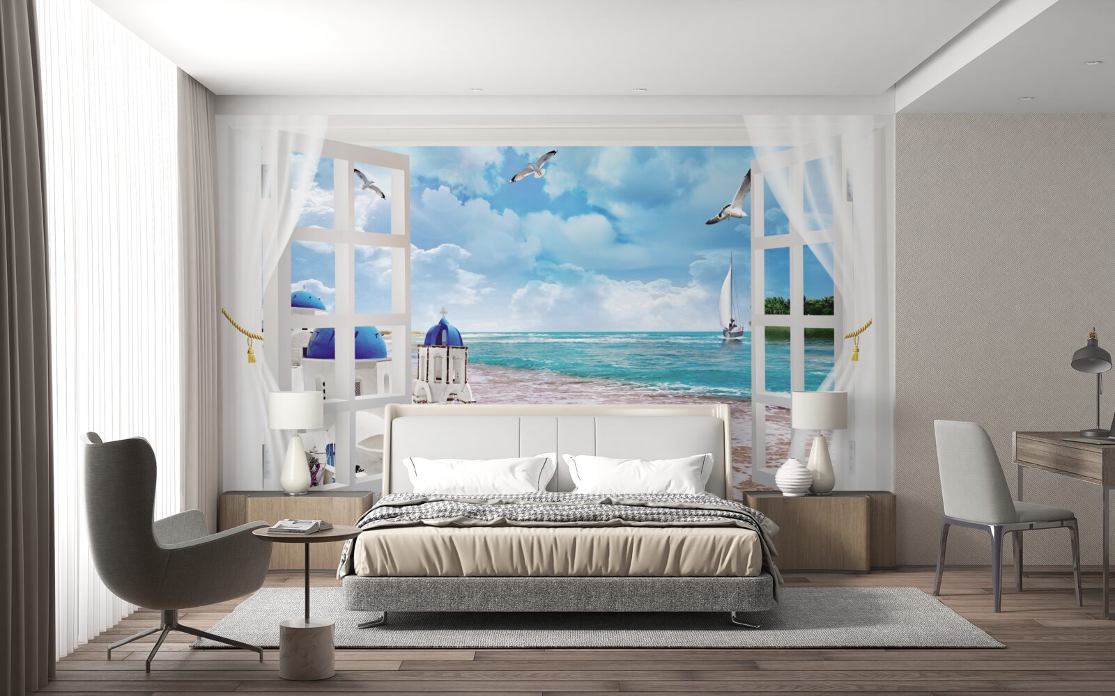 Papier peint vue de la plage en grece depuis une fenetre