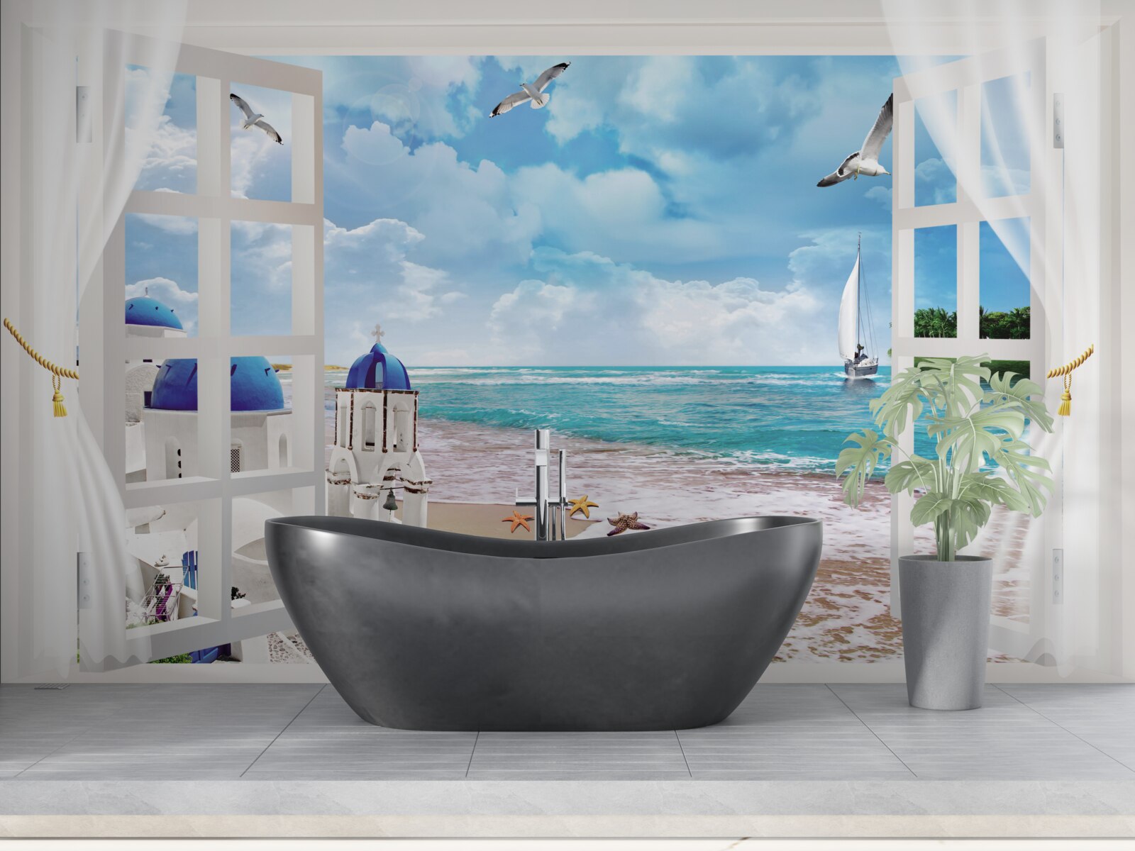 Papier peint vue de la plage en grece depuis une fenetre