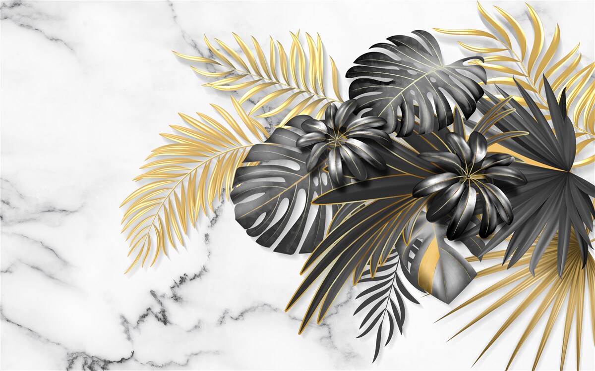 Papier peint feuilles de fougère dorées et noires